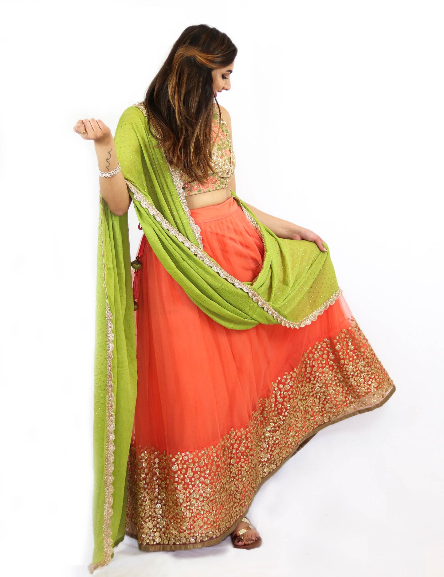 Rent Embroidered Blouse With Peach Lehenga & Green Dupatta