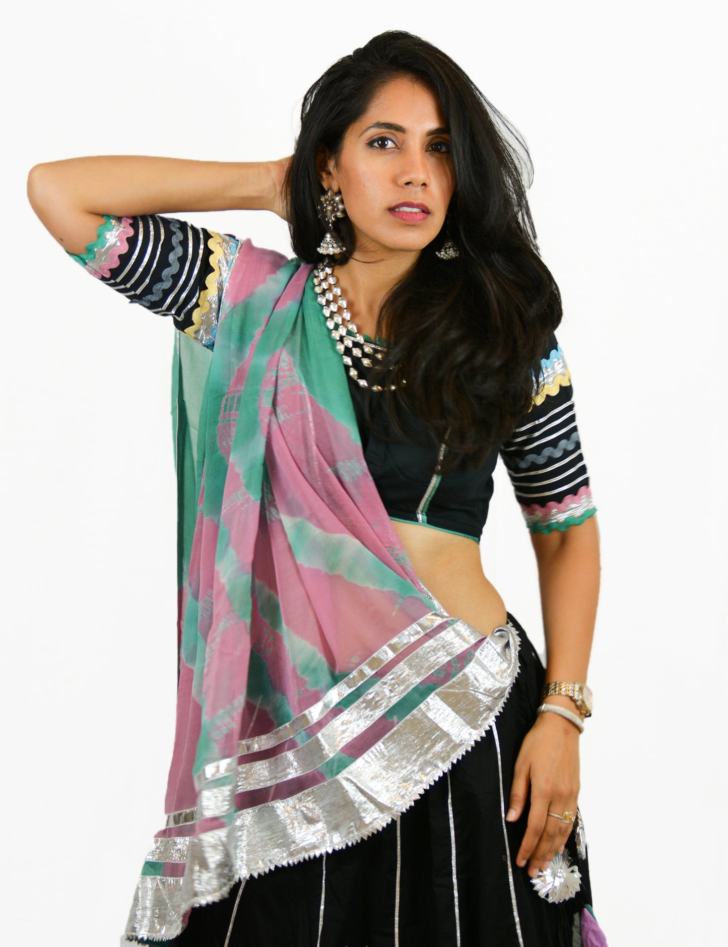 Rent Black Lehenga & Blouse with Colorful Dupatta