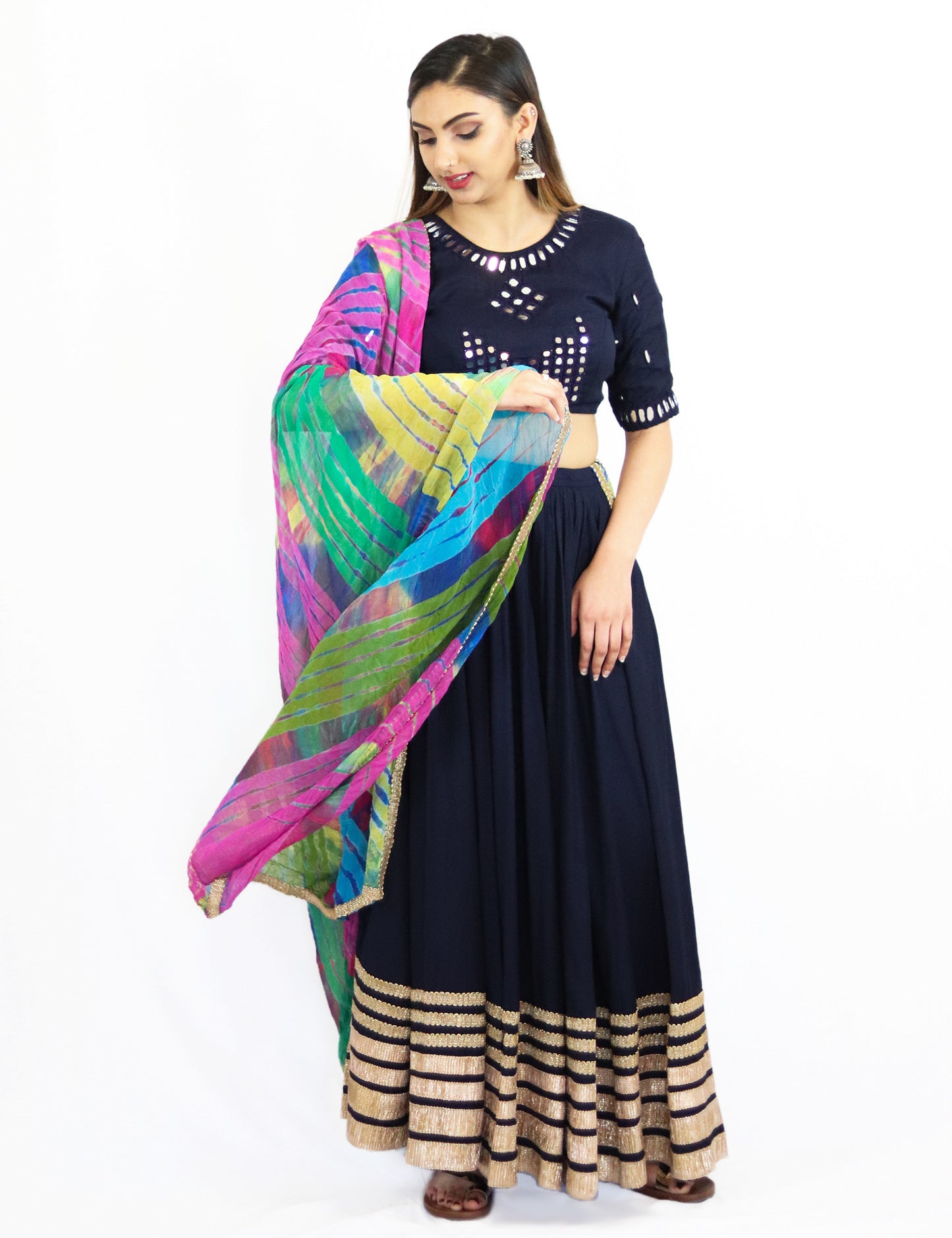 Rent Navy Blue Lehenga Skirt & Blouse with Colorful Dupatta