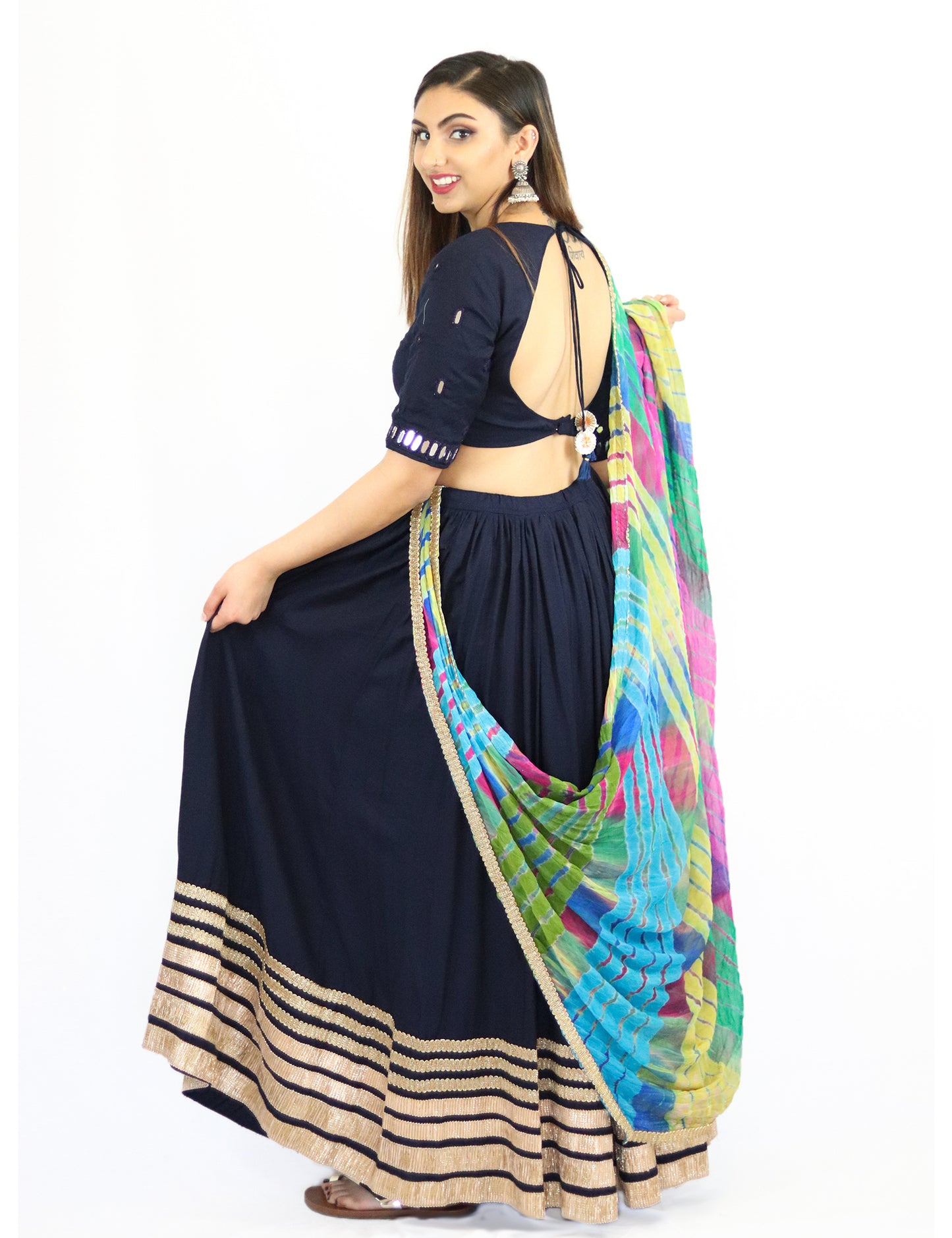 Rent Navy Blue Lehenga Skirt & Blouse with Colorful Dupatta