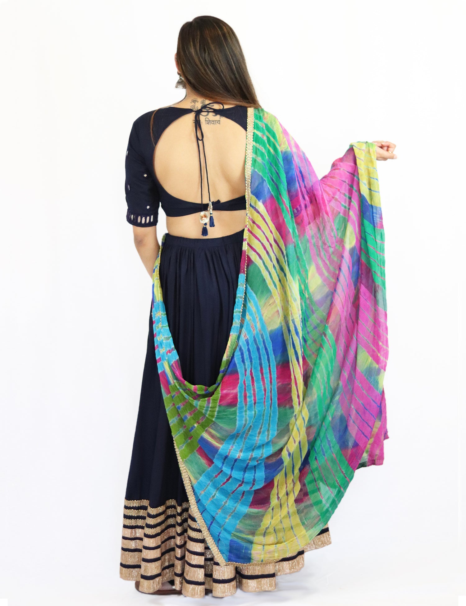 Rent Navy Blue Lehenga Skirt & Blouse with Colorful Dupatta