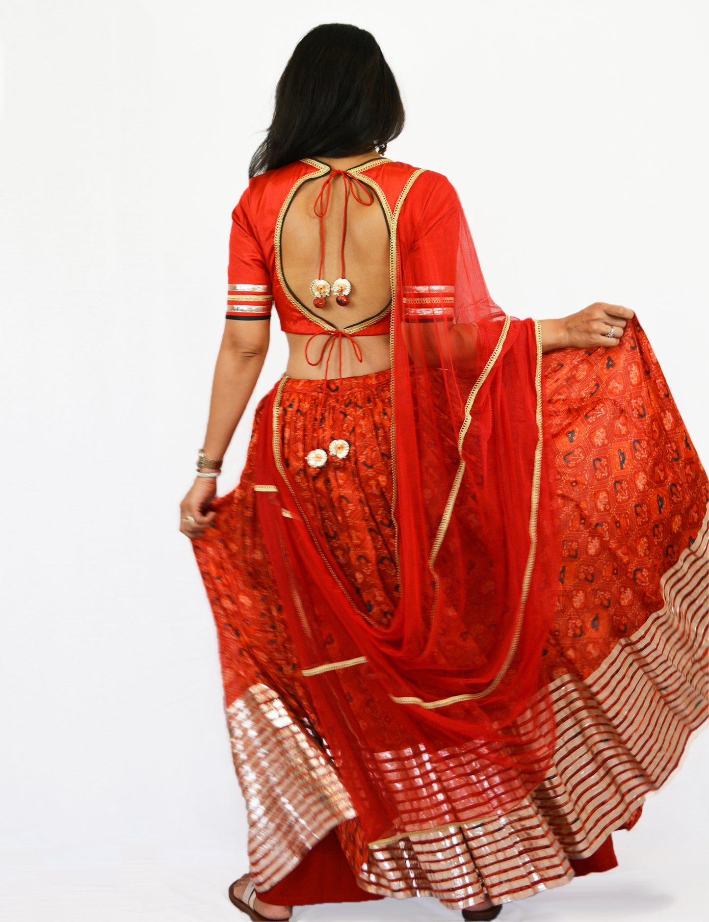 Rent Red Printed Lehenga Skirt with Matching Blouse & Dupatta