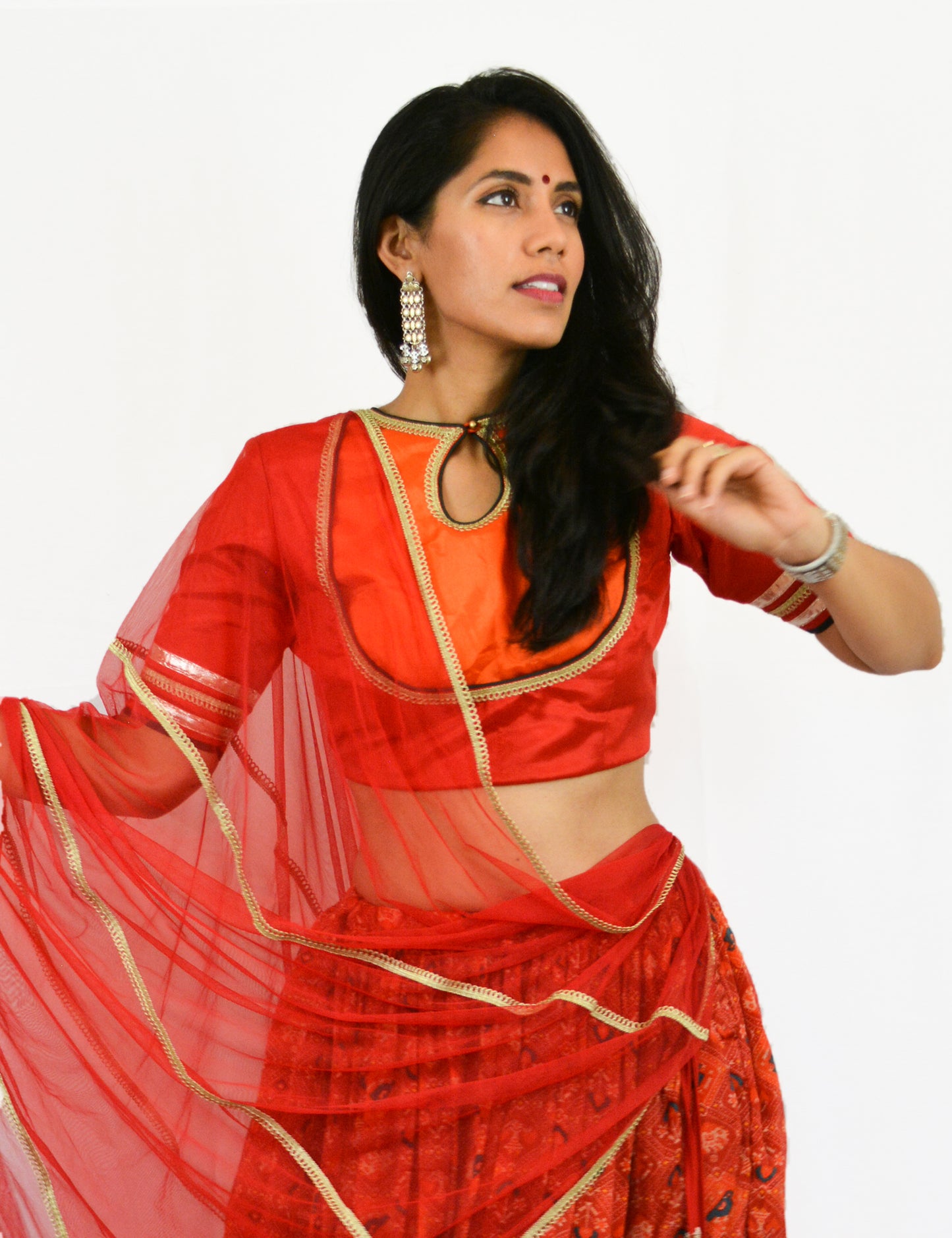 Rent Red Printed Lehenga Skirt with Matching Blouse & Dupatta