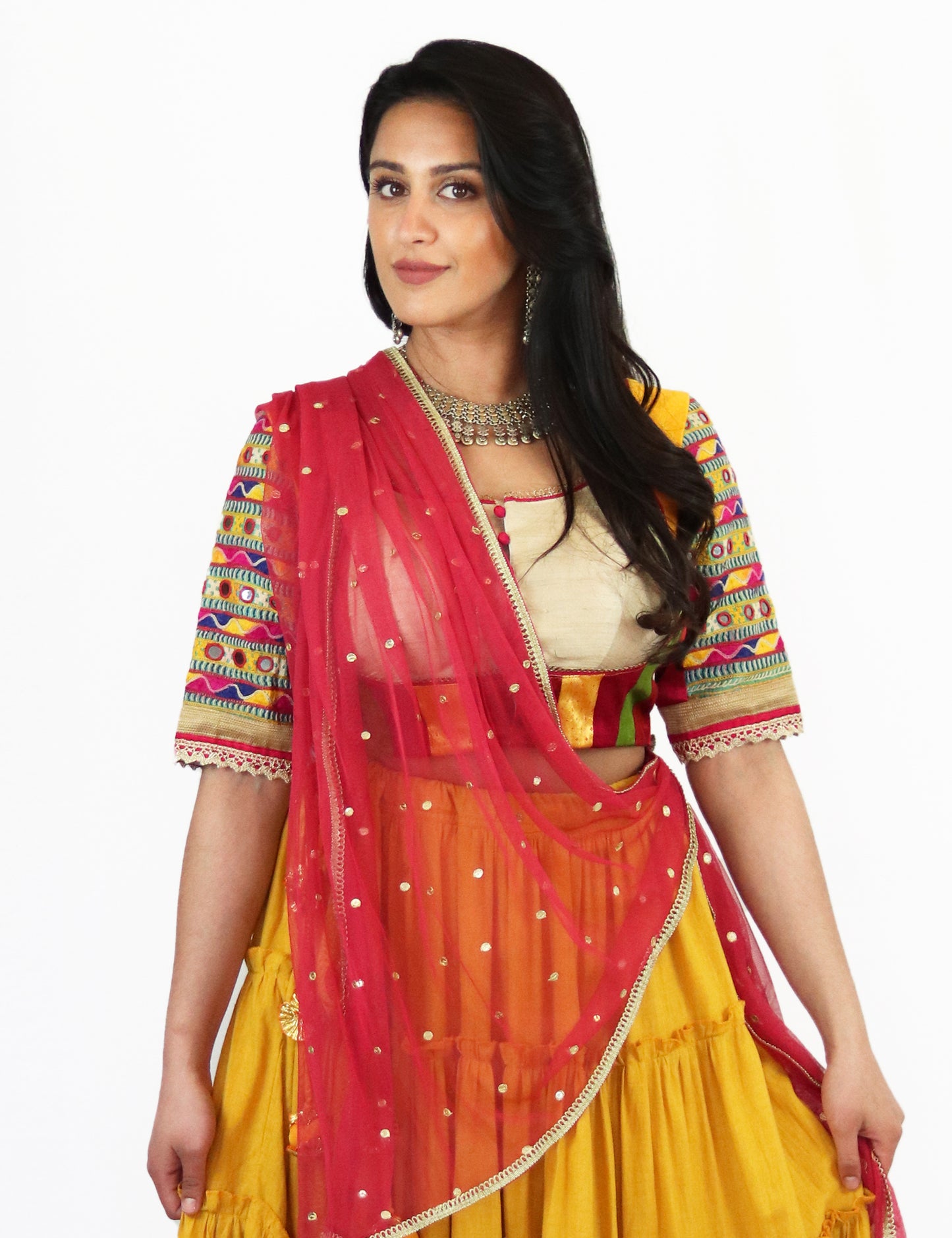 Rent Yellow Tiered Lehenga with Embroidered Blouse & Punch Pink Dupatta