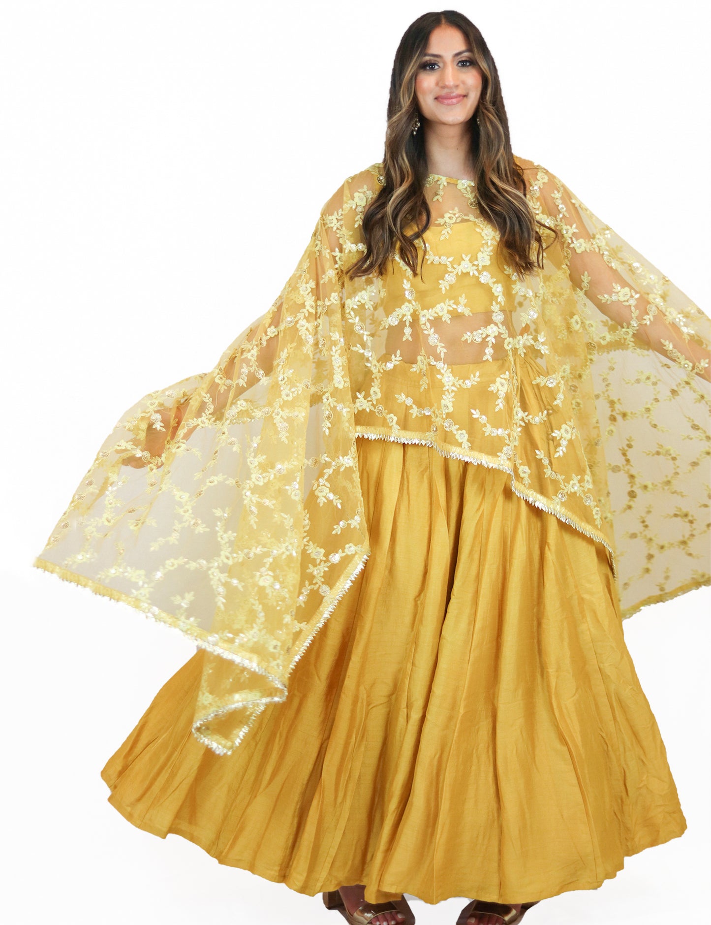 Rent Yellow Lehenga with Bustier & Embroidered Cape 