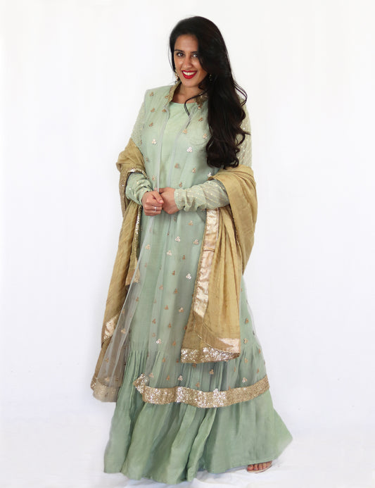 Rent Pistachio Full Length Anarkali With Jacket &  Golden Dupatta