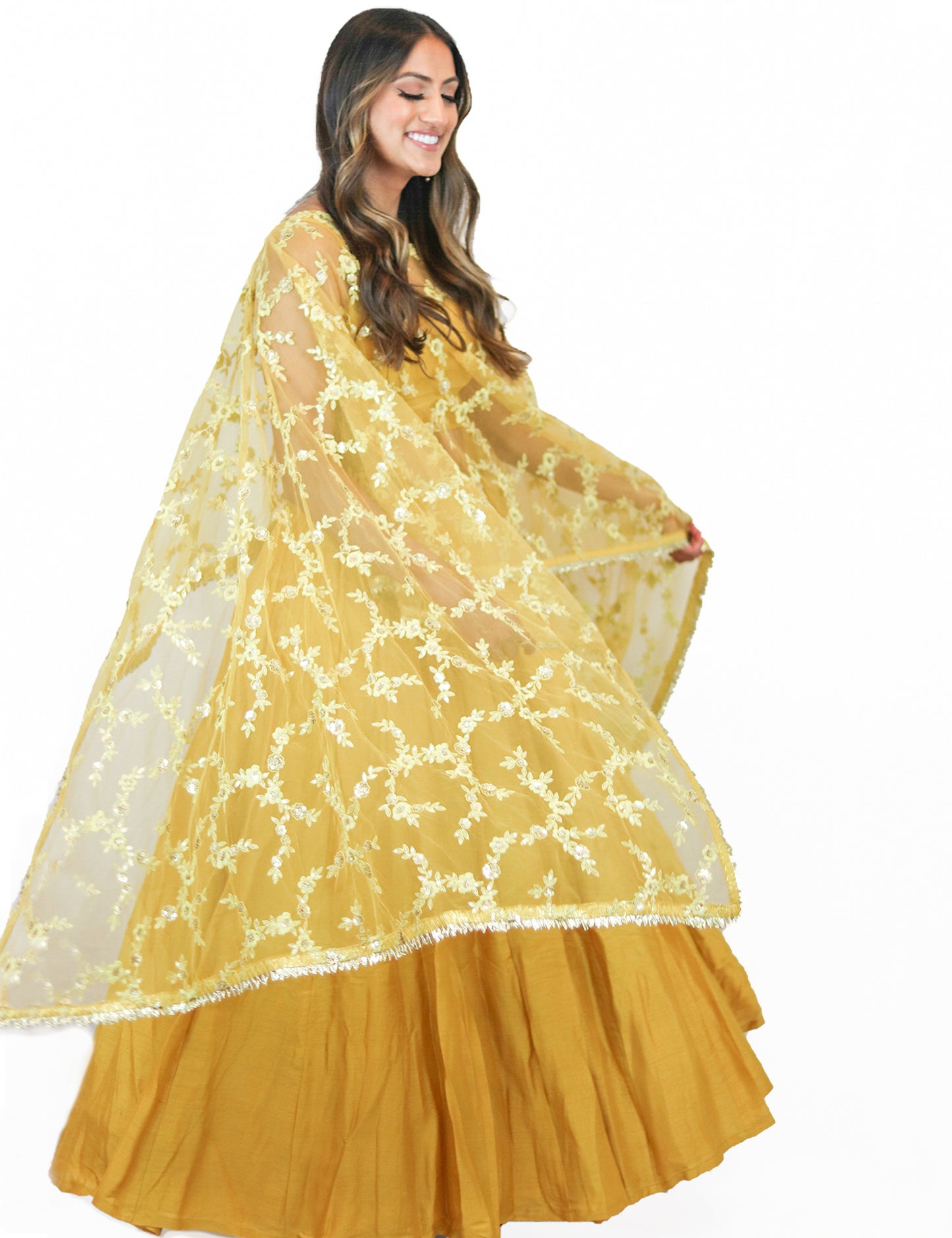Rent Yellow Lehenga with Bustier & Embroidered Cape 