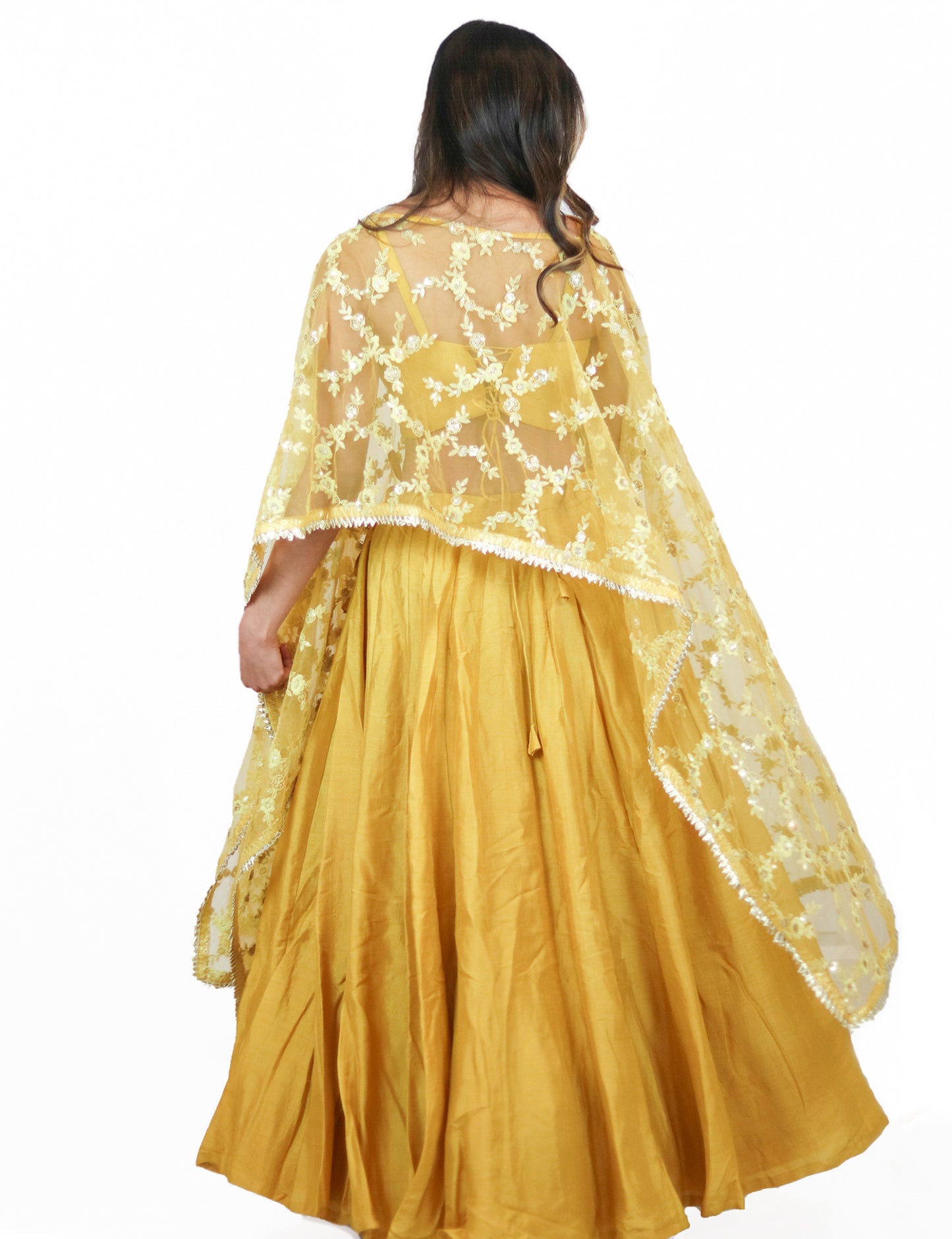Rent Yellow Lehenga with Bustier & Embroidered Cape 