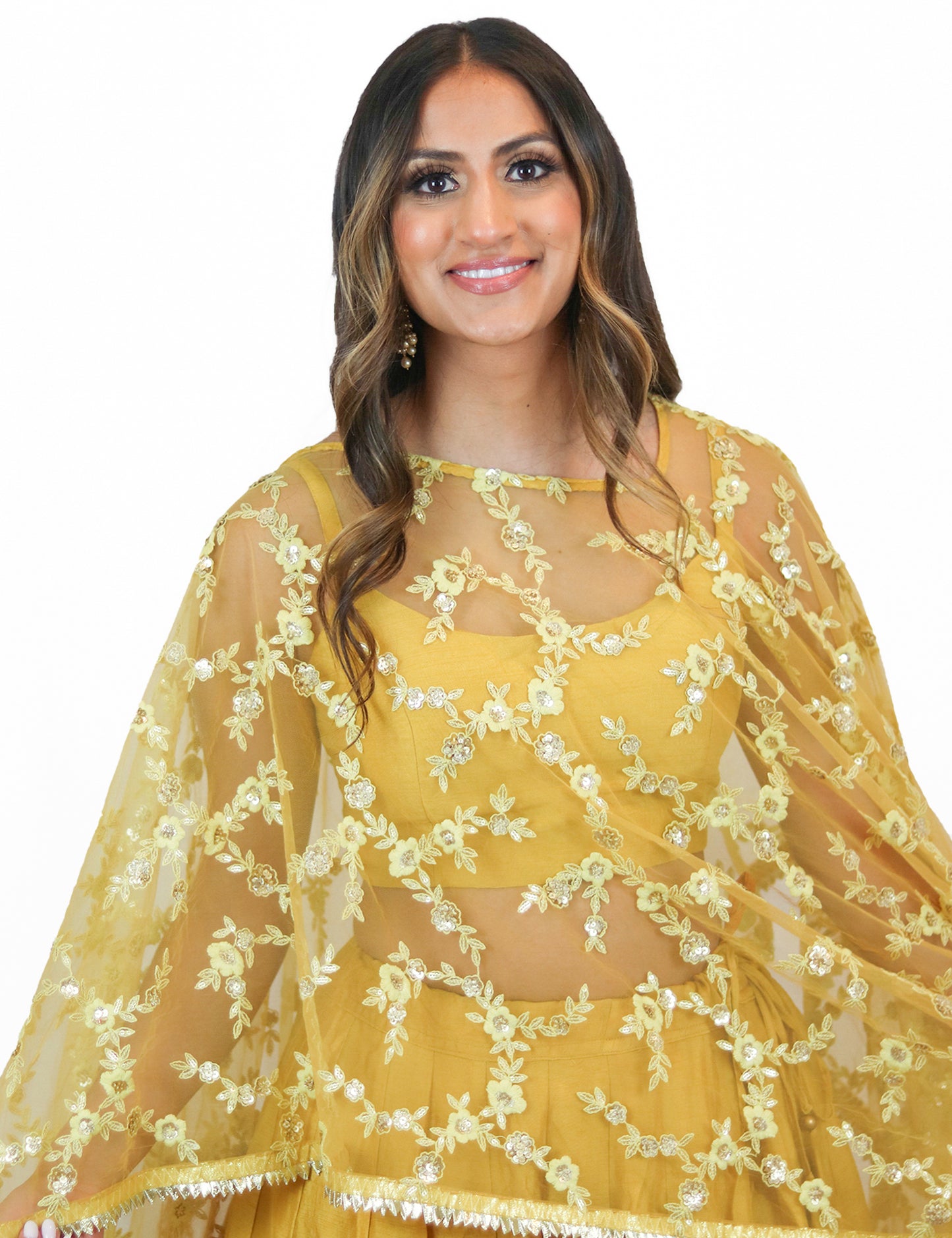 Rent Yellow Lehenga with Bustier & Embroidered Cape 