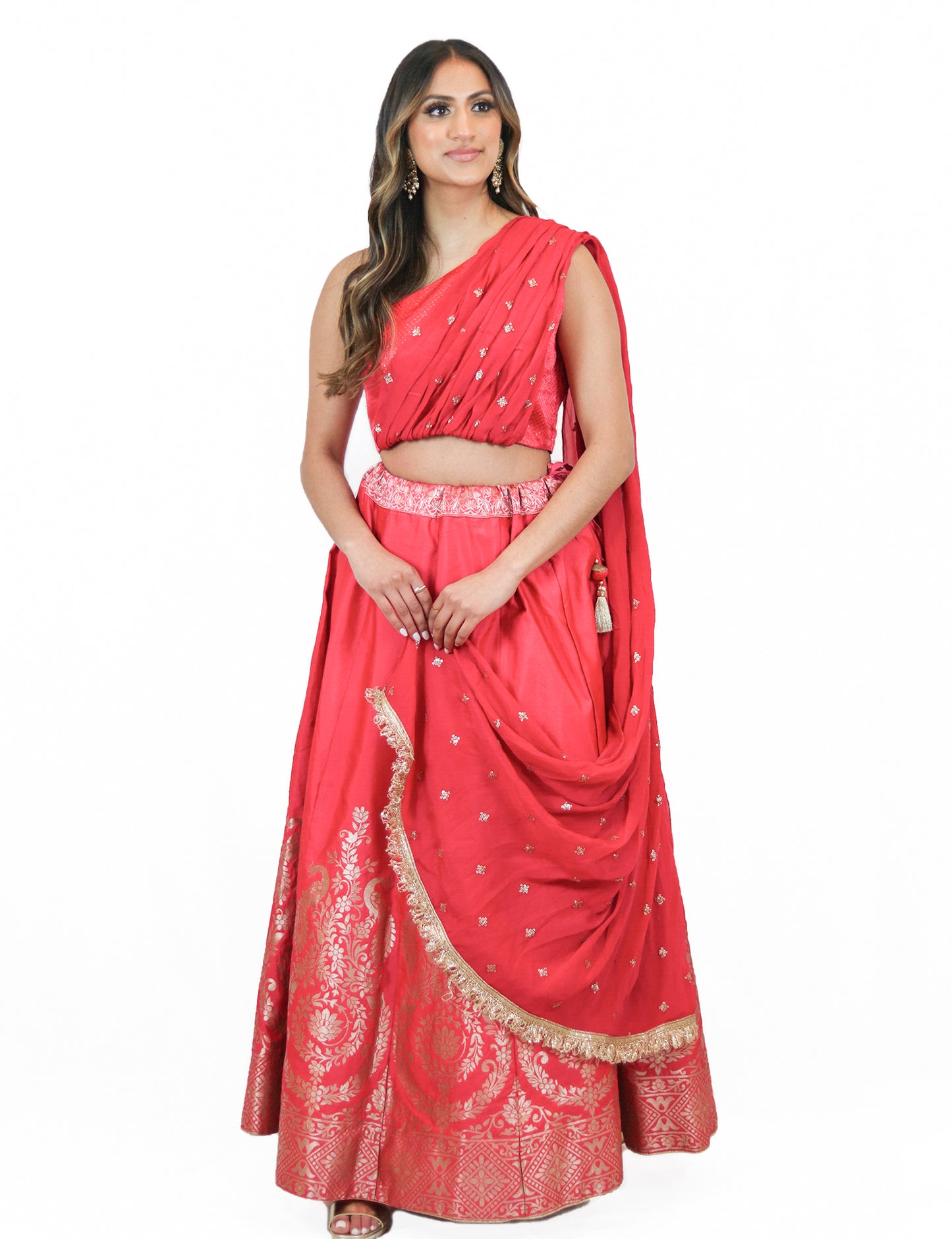 Rent Pink Brocade Lehenga & One Shoulder Blouse 