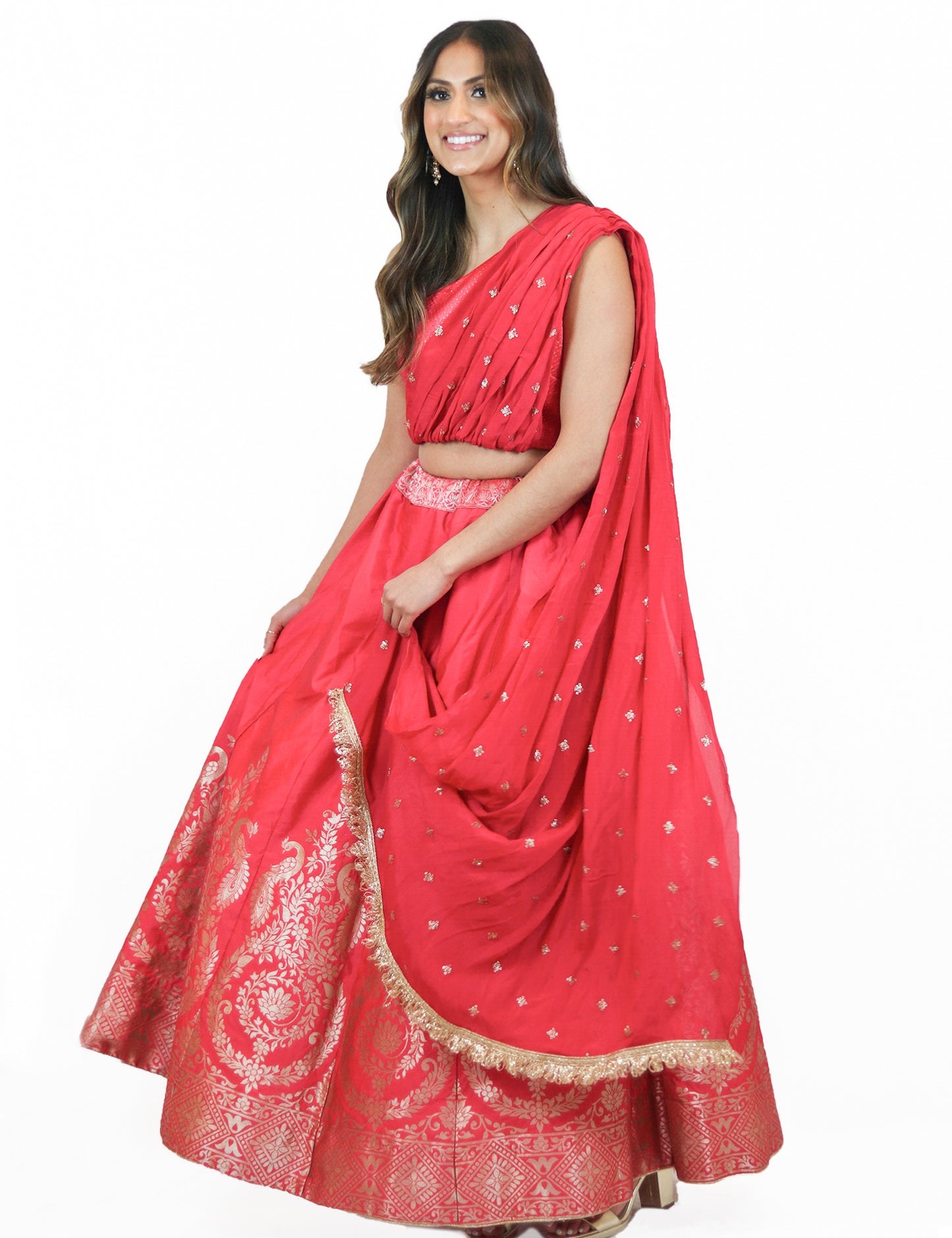 Rent Pink Brocade Lehenga & One Shoulder Blouse 