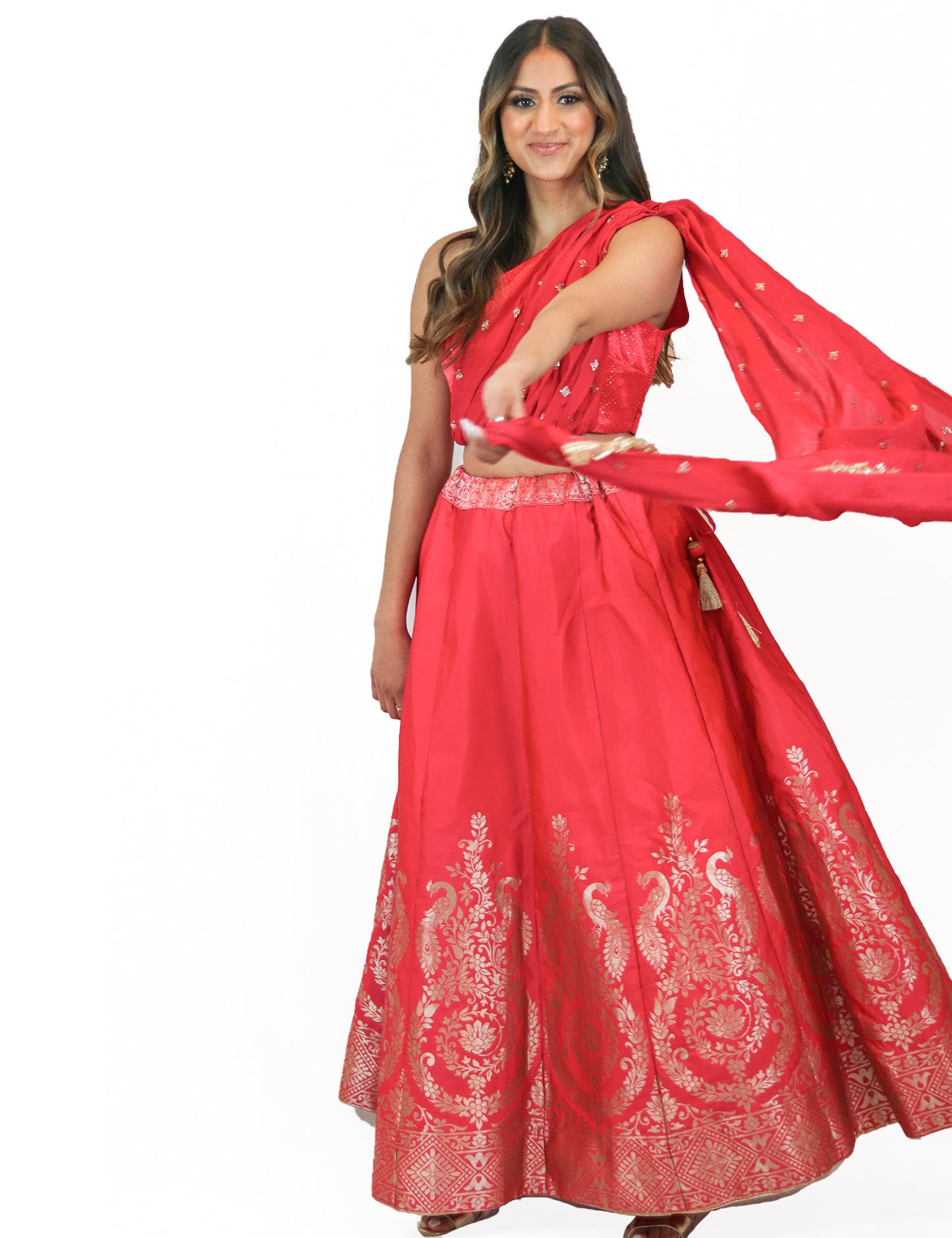 Rent Pink Brocade Lehenga & One Shoulder Blouse 