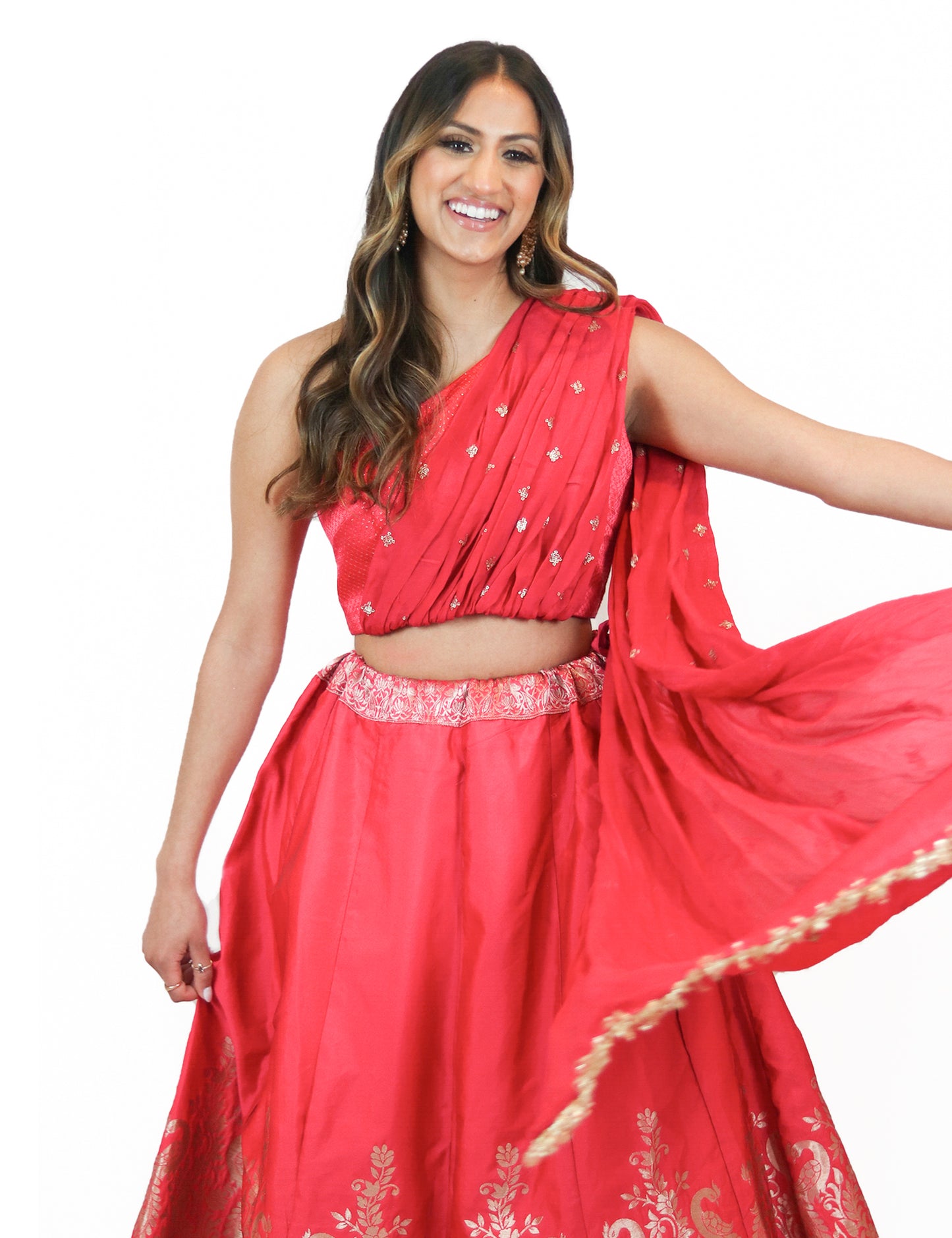 Rent Pink Brocade Lehenga & One Shoulder Blouse 