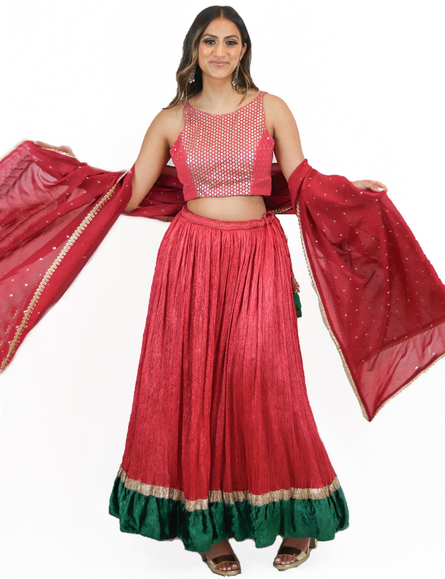 Rent Red Lehenga with Sequin Blouse and Organza Dupatta