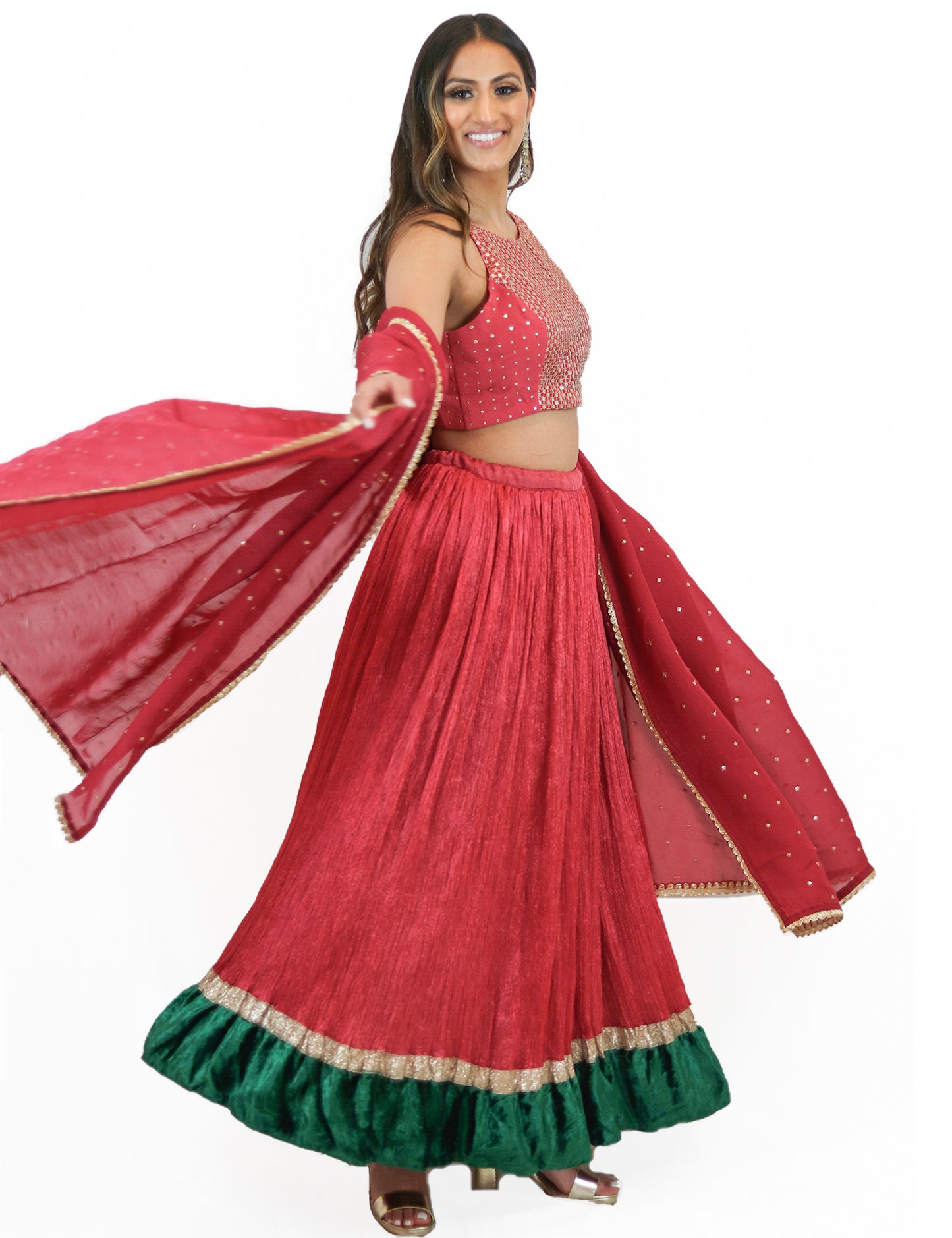 Rent Red Lehenga with Sequin Blouse and Organza Dupatta
