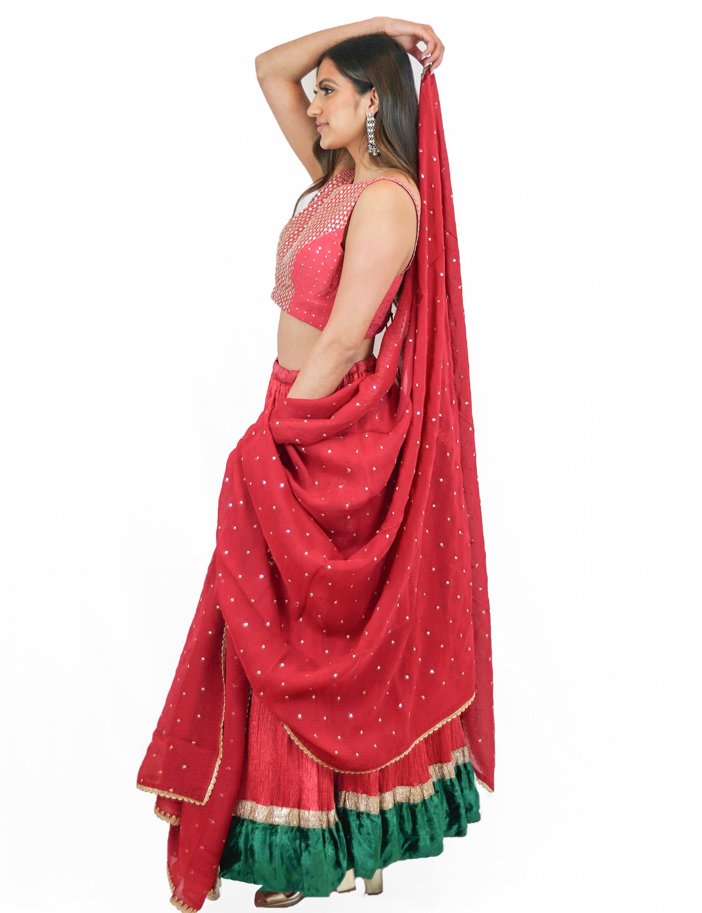 Rent Red Lehenga with Sequin Blouse and Organza Dupatta