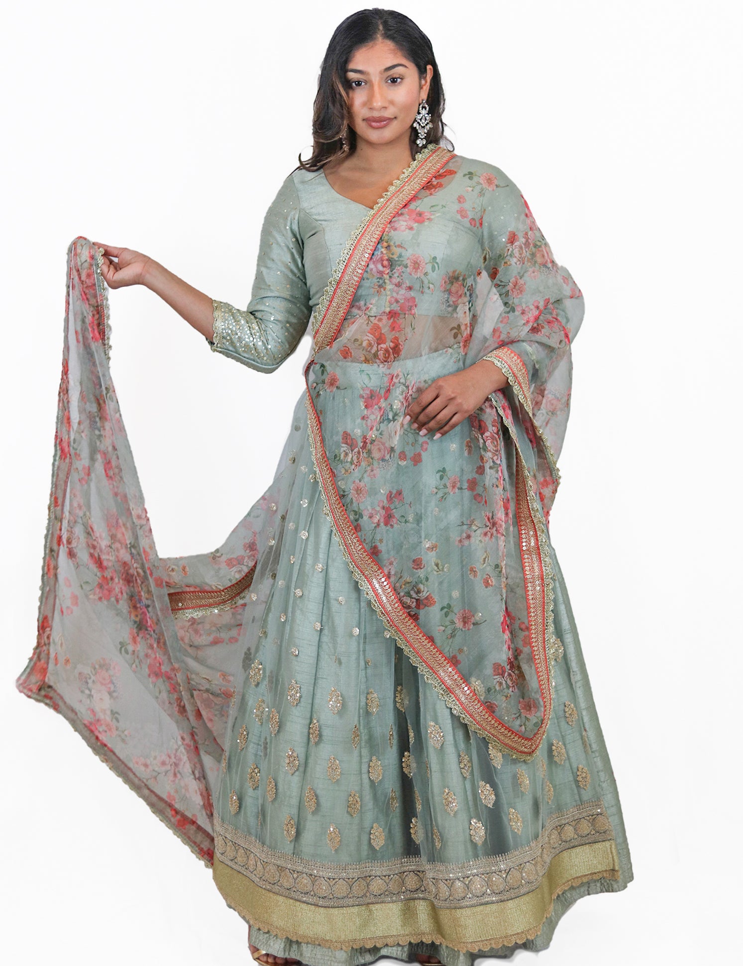Rent Mint Green Lehenga and Blouse with Floral Dupatta