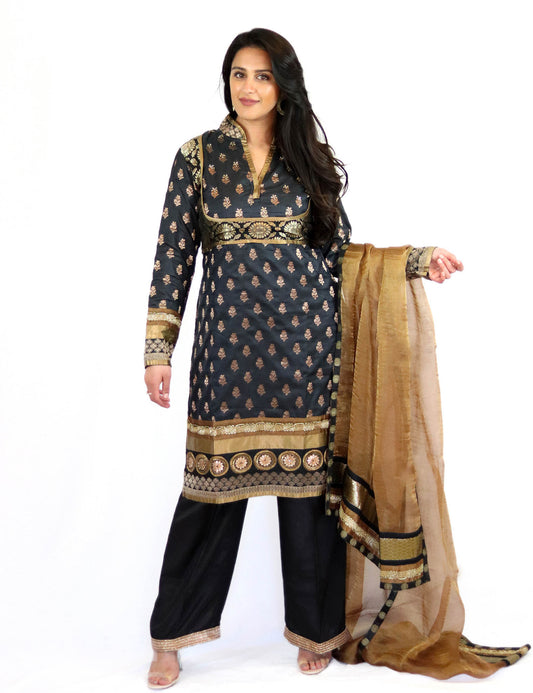 Rent Black Brocade Kurta With Pants & Golden Dupatta