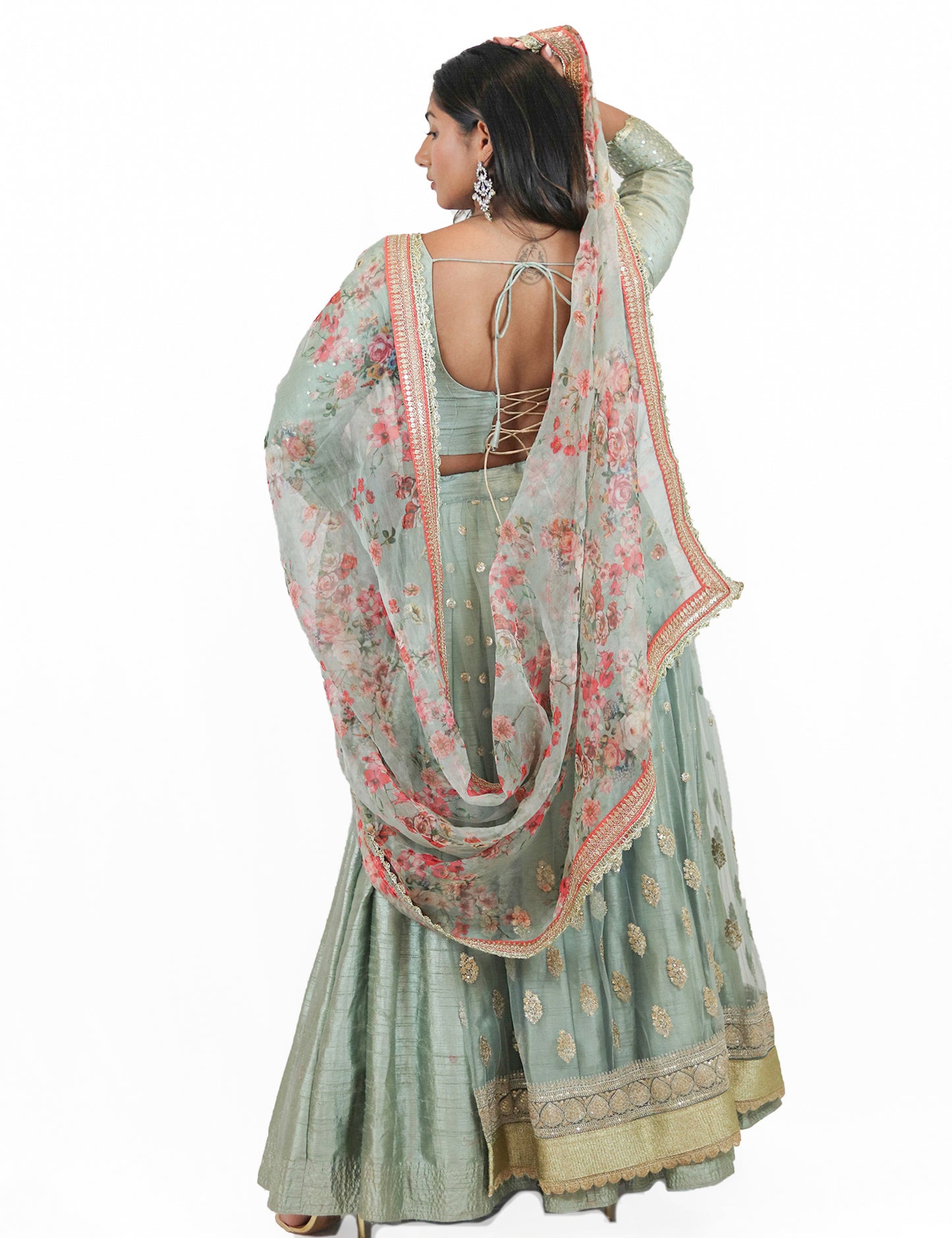 Rent Mint Green Lehenga and Blouse with Floral Dupatta