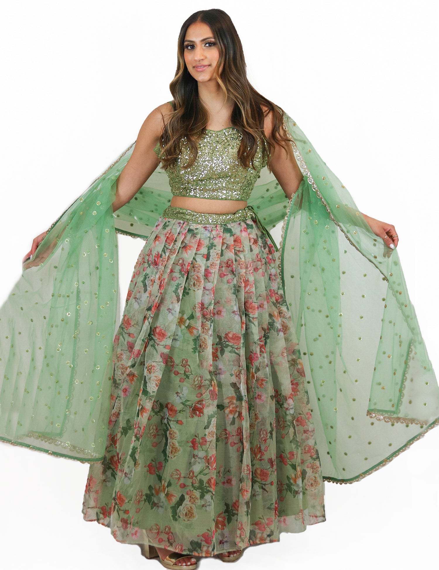 Rent Green Floral Lehenga & Sequin Blouse With Tulle Dupatta