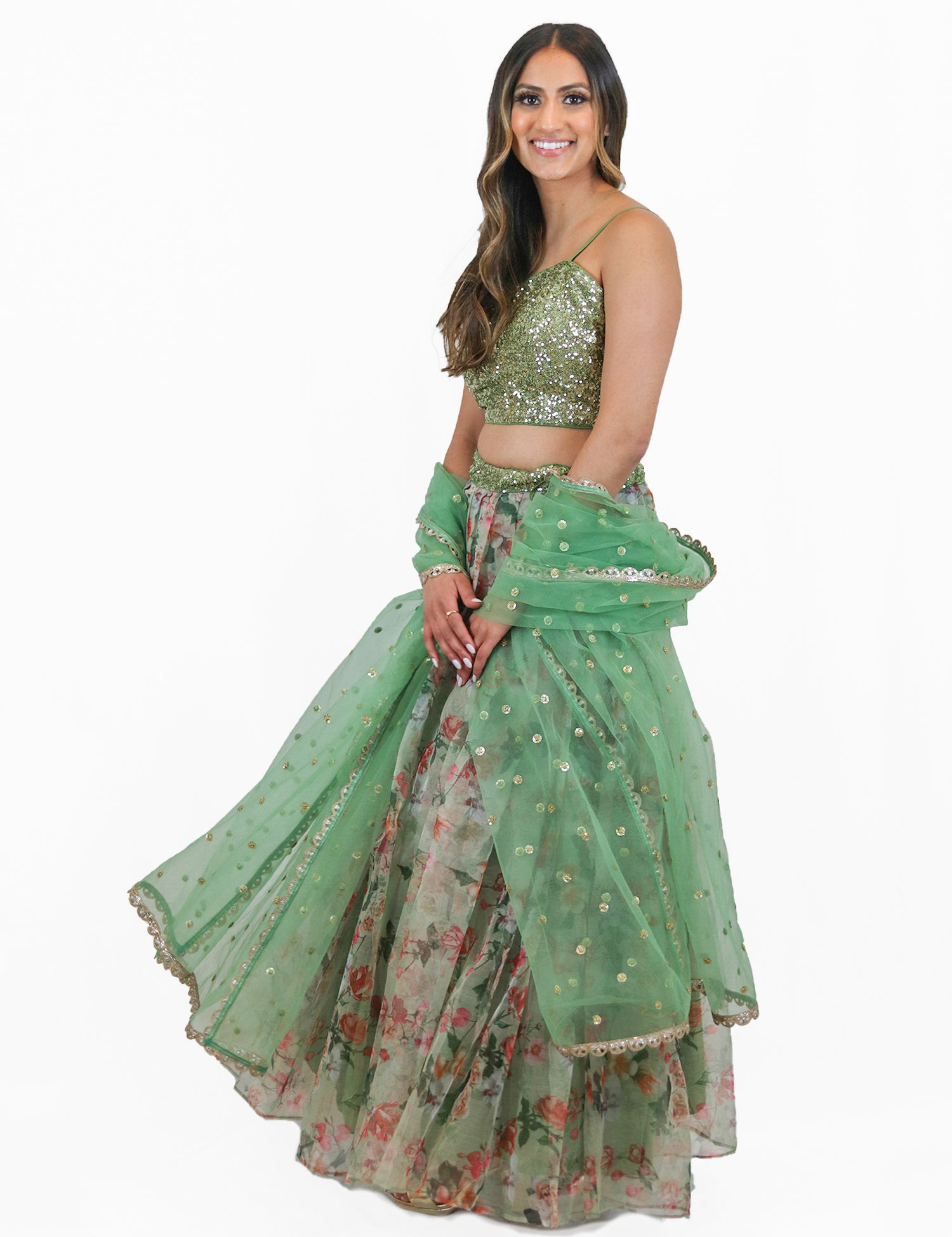 Rent Green Floral Lehenga & Sequin Blouse With Tulle Dupatta