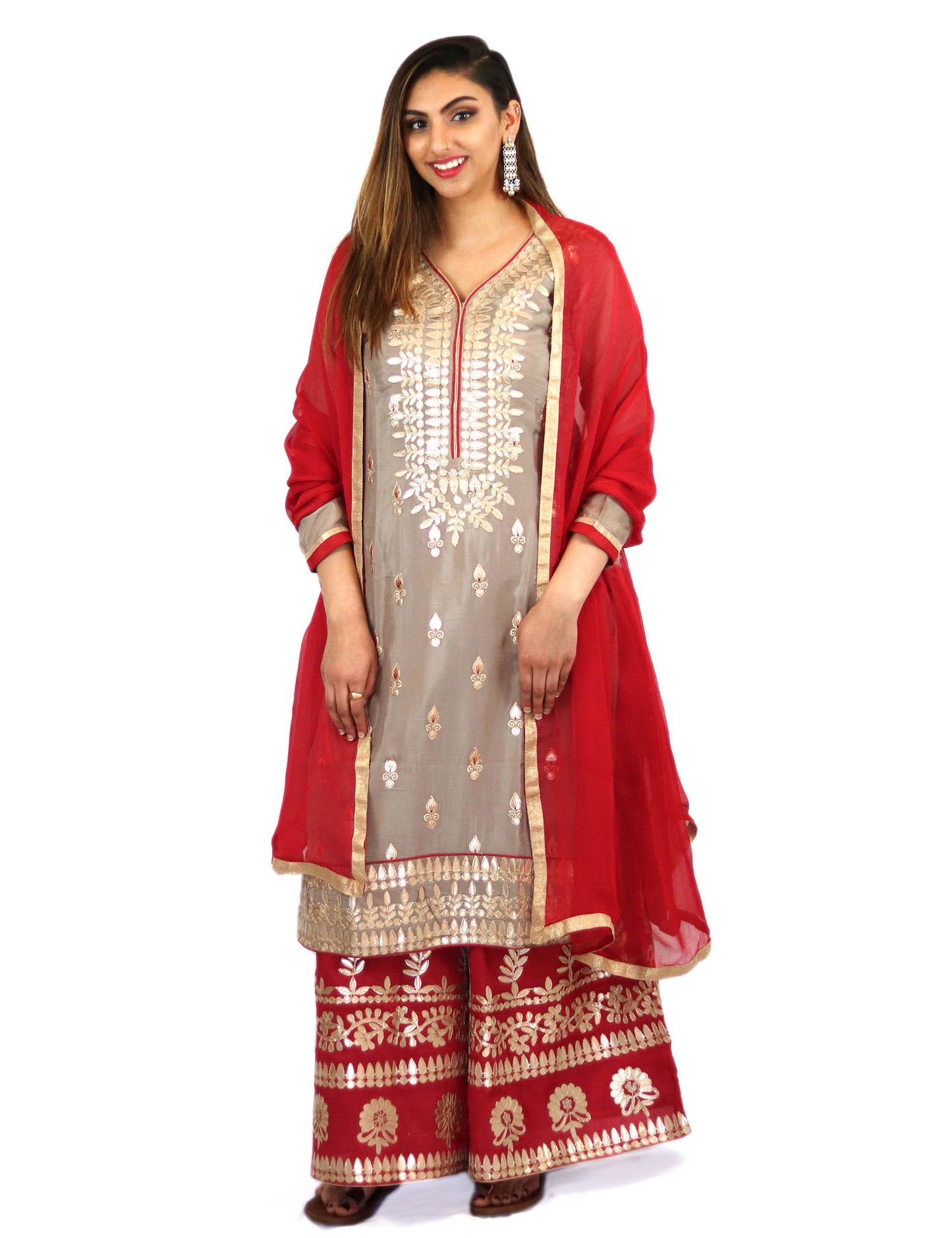 Rent gray embroidered kurta with red sharara and dupatta