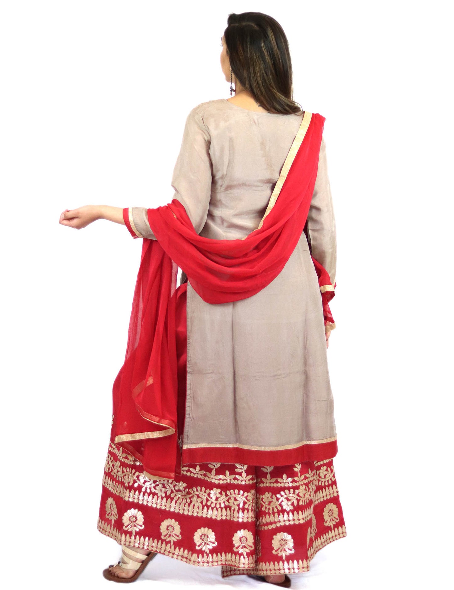 Rent gray embroidered kurta with red sharara and dupatta