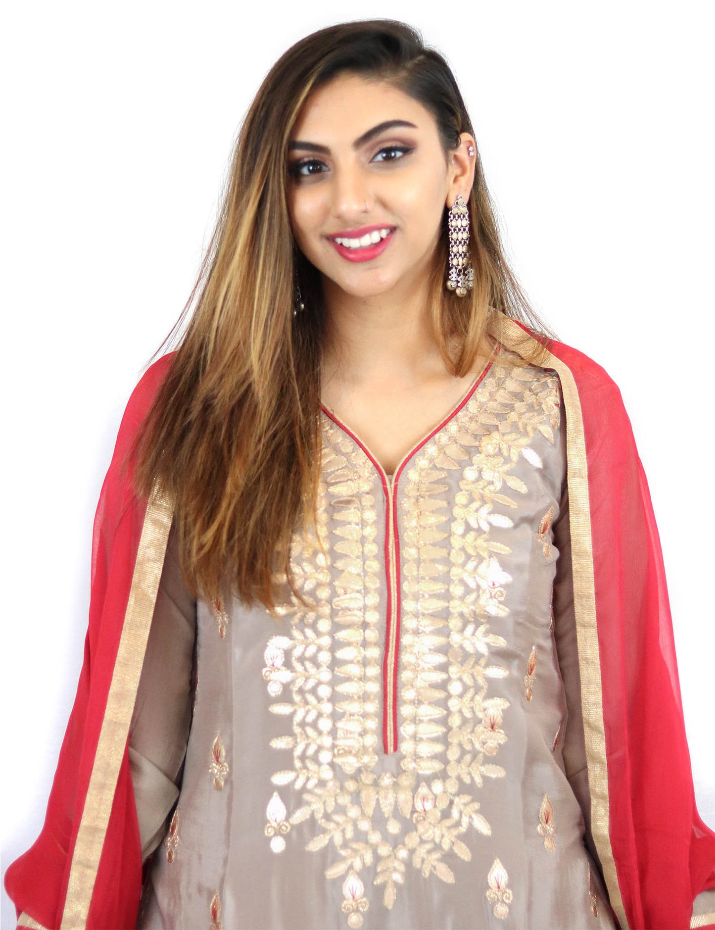 Rent gray embroidered kurta with red sharara and dupatta