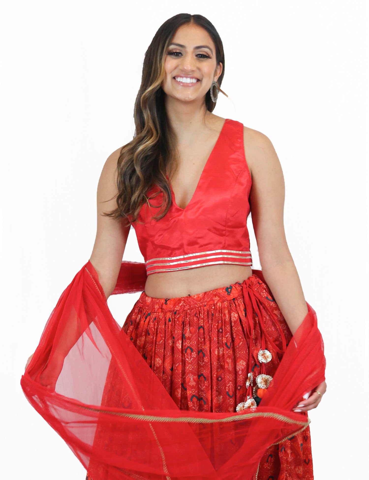Rent Red Printed Lehenga Skirt with Matching Blouse & Dupatta