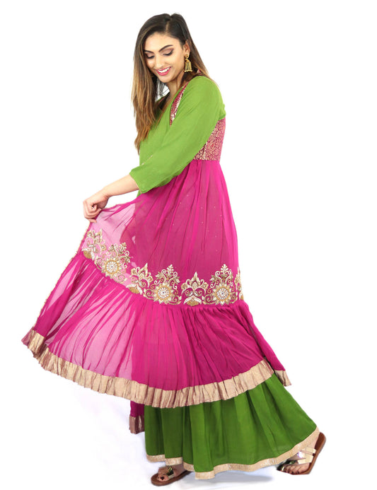 Rent Green Kurta & Sharara With Pink Embroidered Jacket