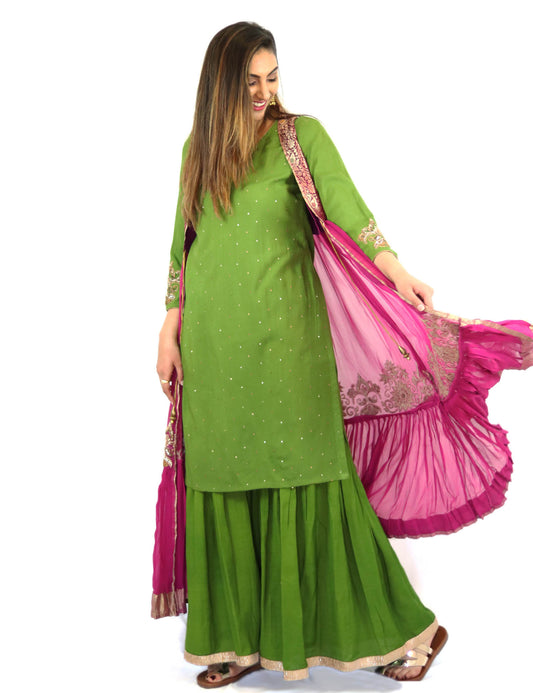 Rent Green Kurta & Sharara With Pink Embroidered Jacket