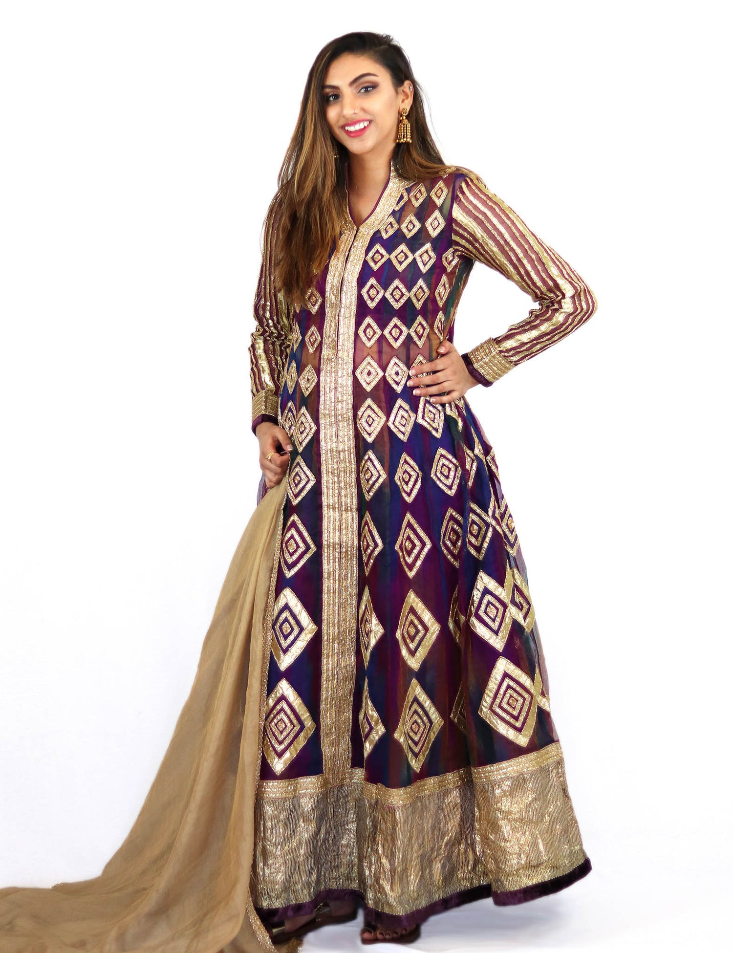  Rent Purple Full Length Gown With Golden Dupatta