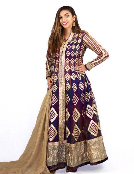 Rent Purple Full Length Gown With Golden Dupatta