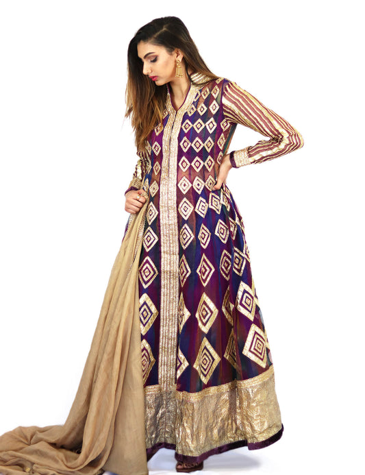  Rent Purple Full Length Gown With Golden Dupatta