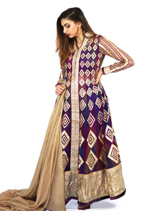Rent Purple Full Length Gown With Golden Dupatta