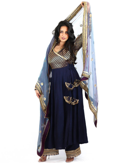 Rent Blue Brocade Anarkali With Pants & Dupatta