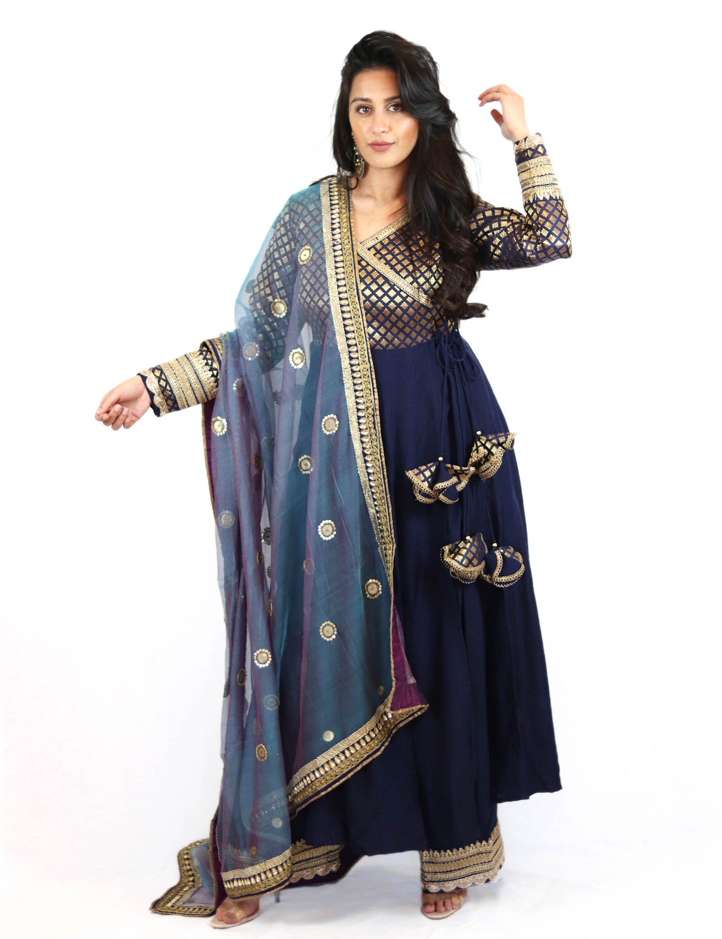 Rent Blue Brocade Anarkali With Pants & Dupatta