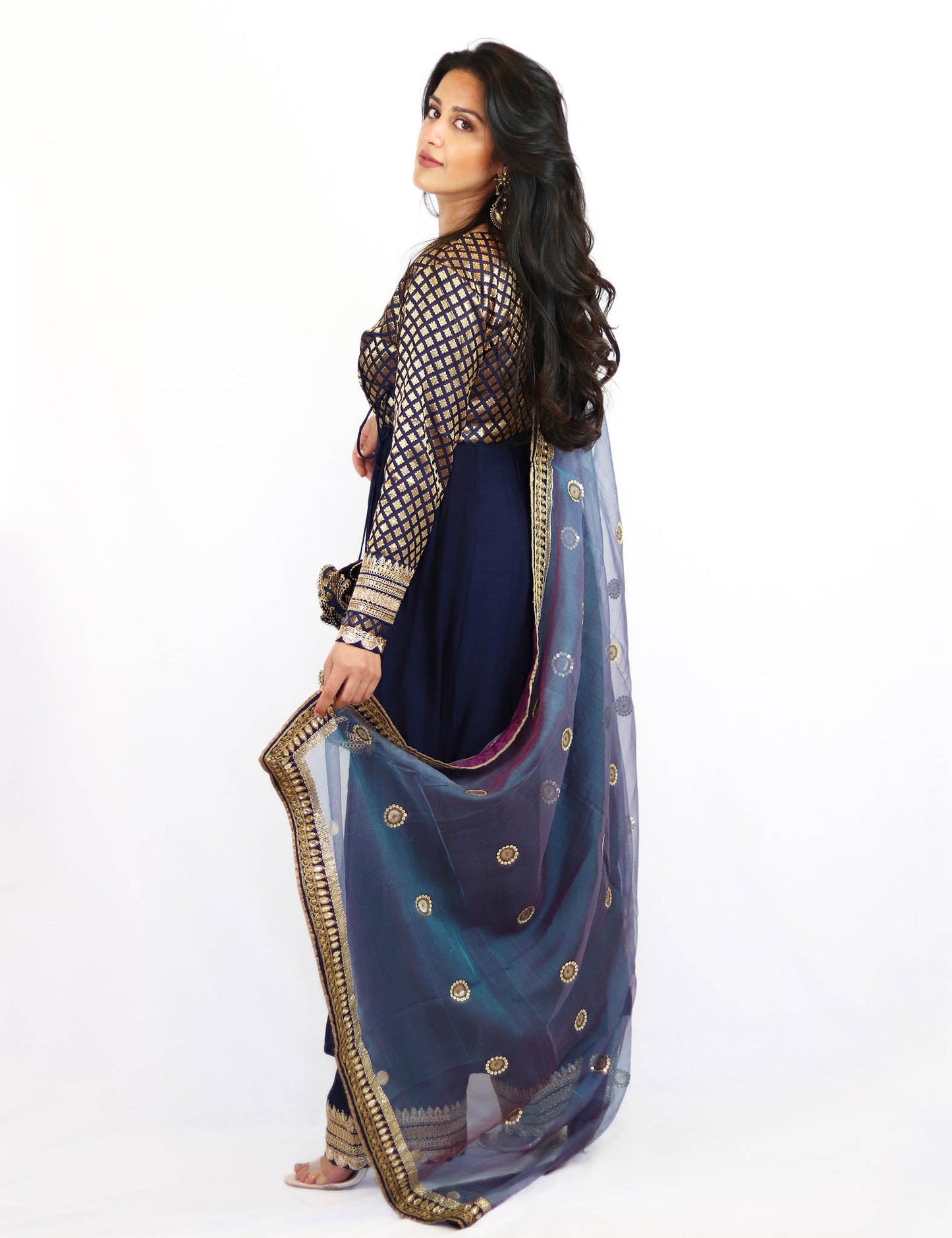 Rent Blue Brocade Anarkali With Pants & Dupatta