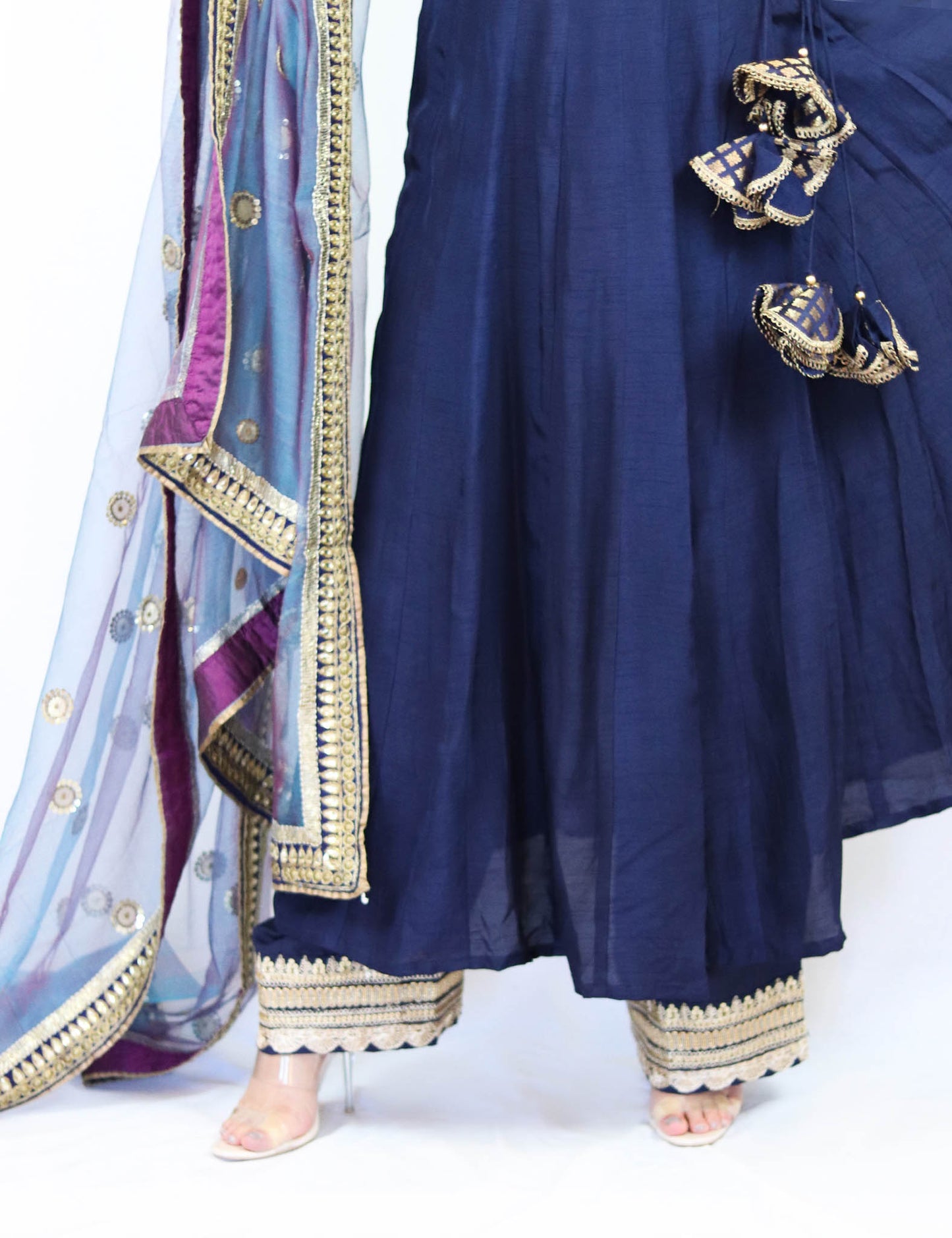 Rent Blue Brocade Anarkali With Pants & Dupatta