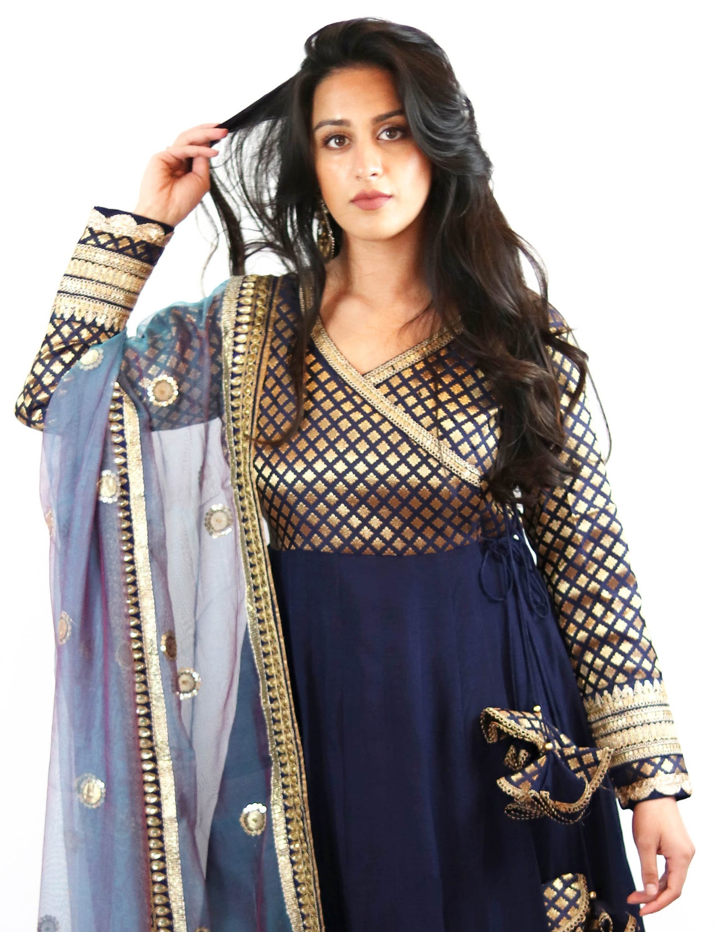 Rent Blue Brocade Anarkali With Pants & Dupatta