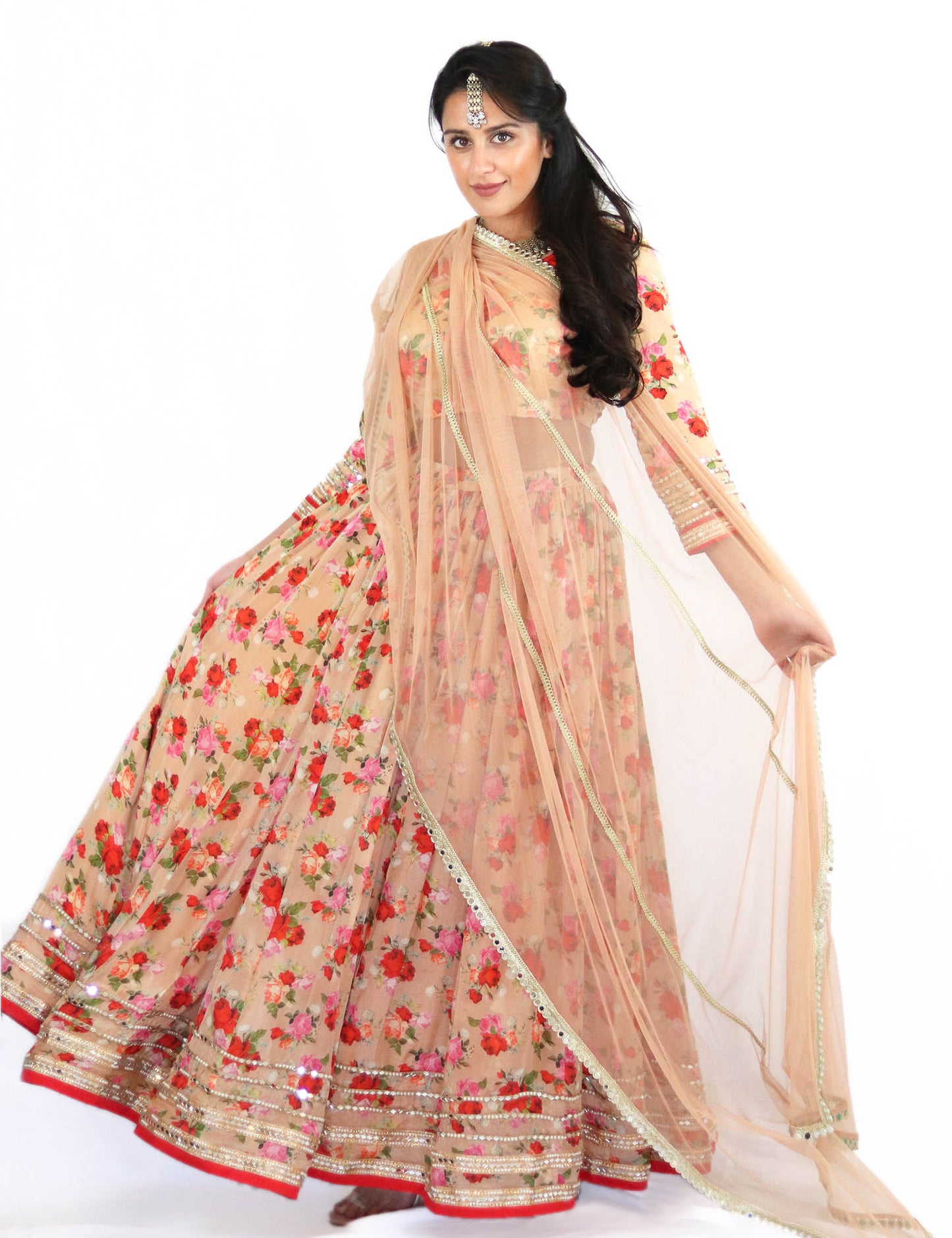 Rent Biege Floral Lehenga With Blouse & Dupatta