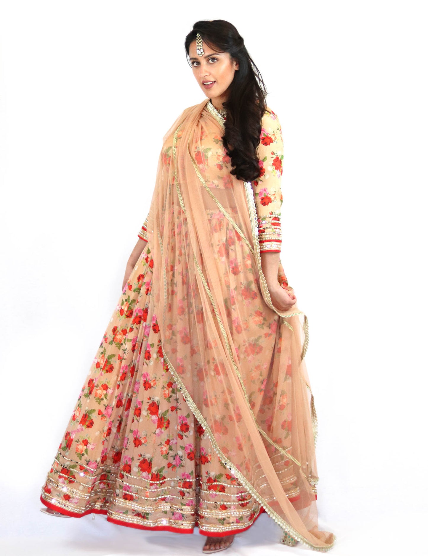 Rent Biege Floral Lehenga With Blouse & Dupatta