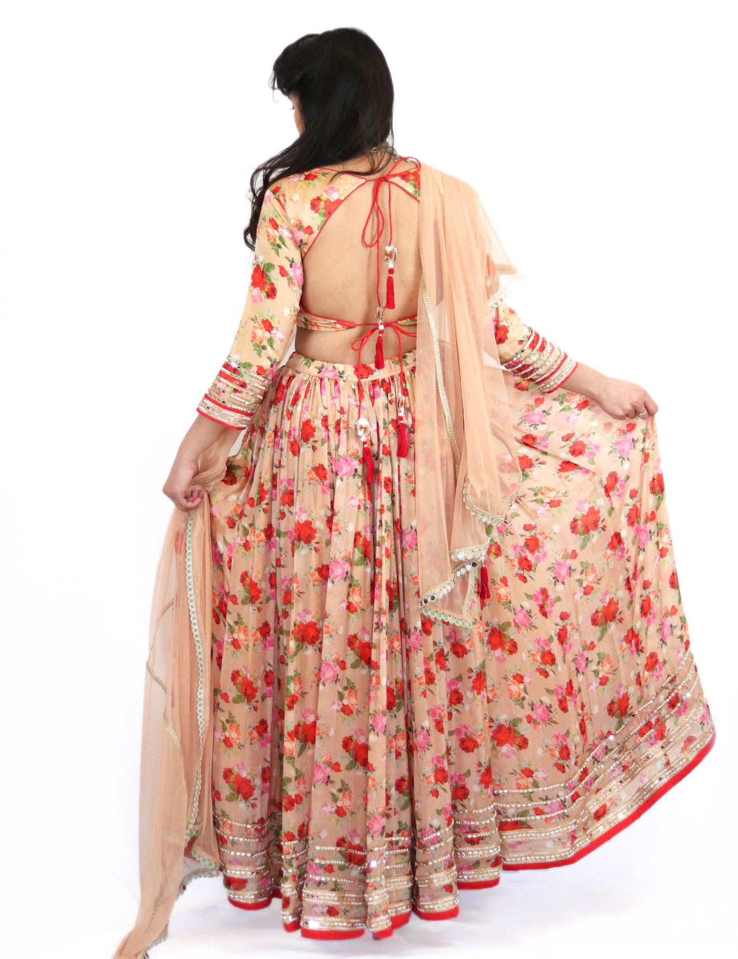 Rent Biege Floral Lehenga With Blouse & Dupatta