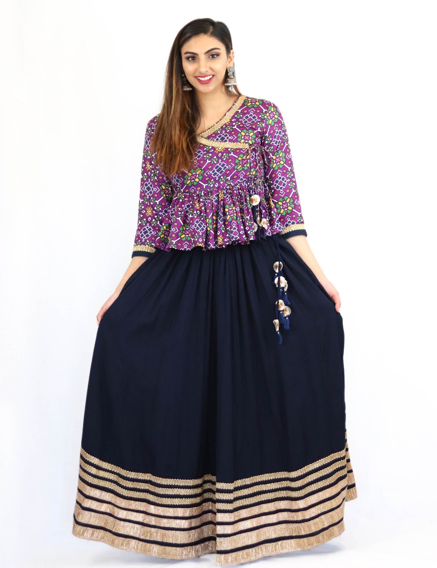 Rent Blue Lehenga With Purple Printed Kediyu Top