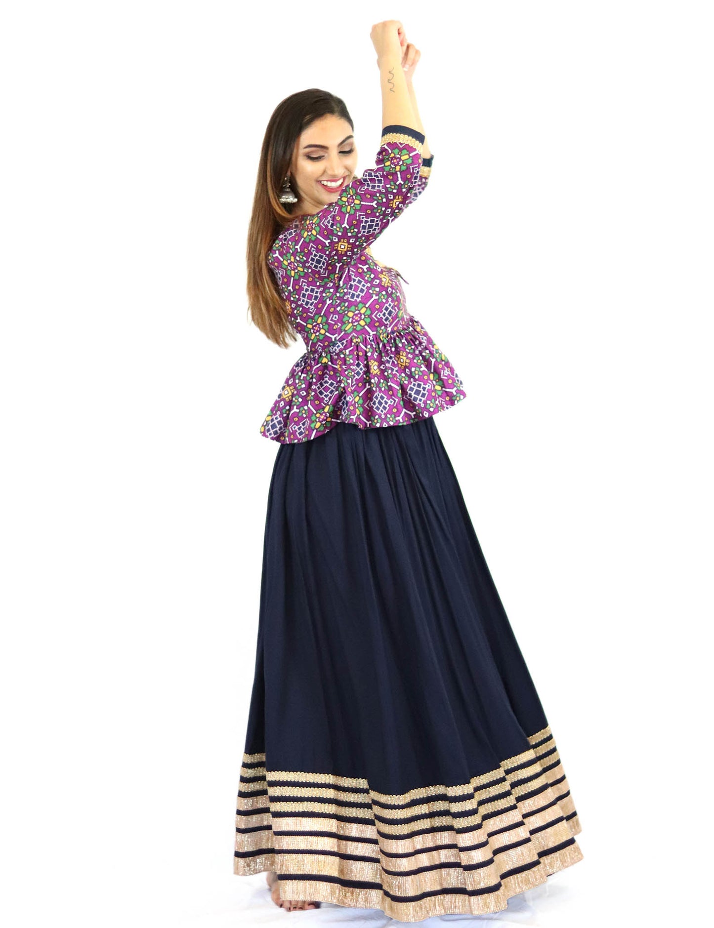 Rent Blue Lehenga With Purple Printed Kediyu Top