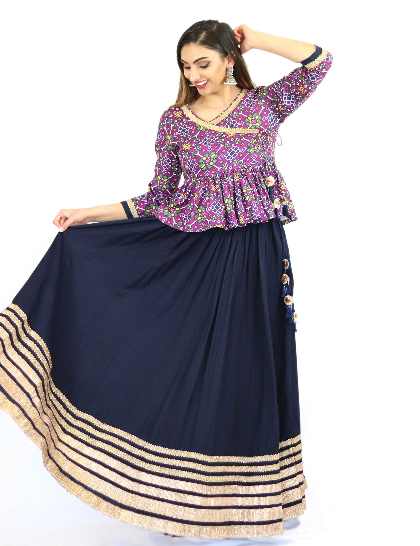 Rent Blue Lehenga With Purple Printed Kediyu Top