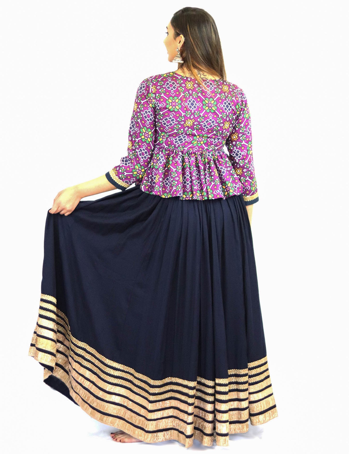 Rent Blue Lehenga With Purple Printed Kediyu Top