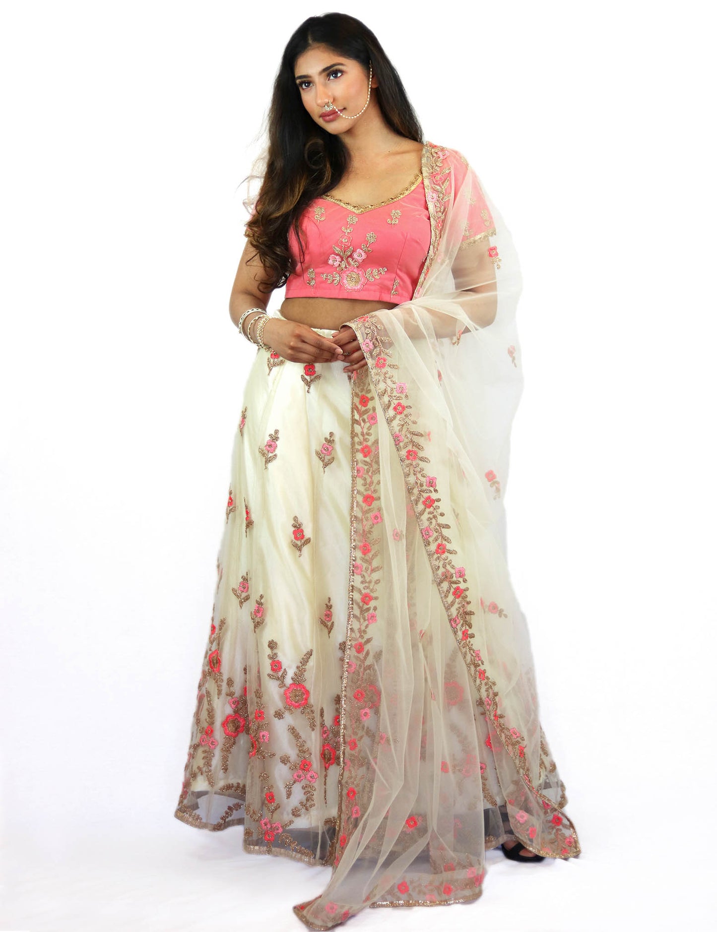 Rent Peach Blouse With Off White Lehenga & Dupatta