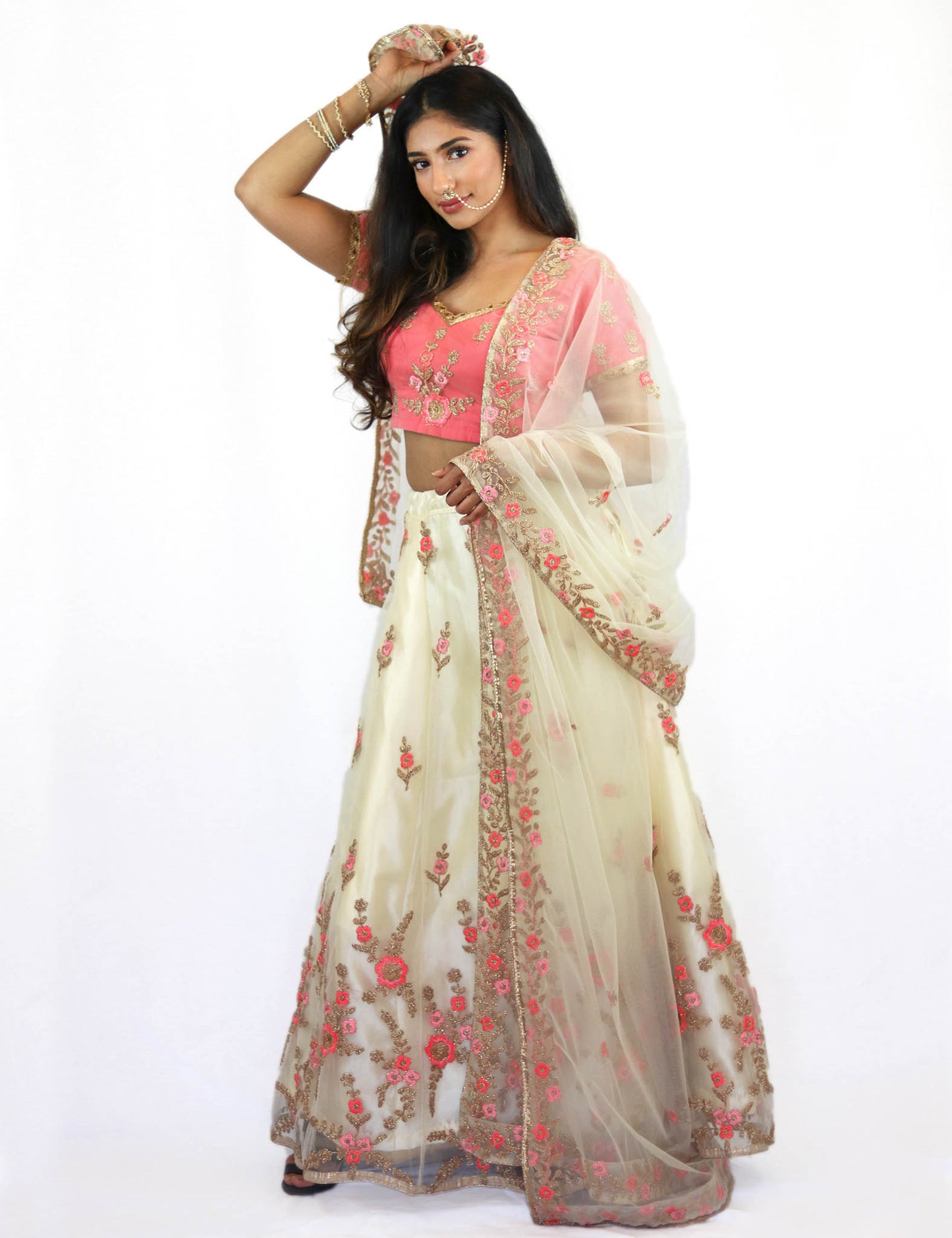 Rent Peach Blouse With Off White Lehenga & Dupatta