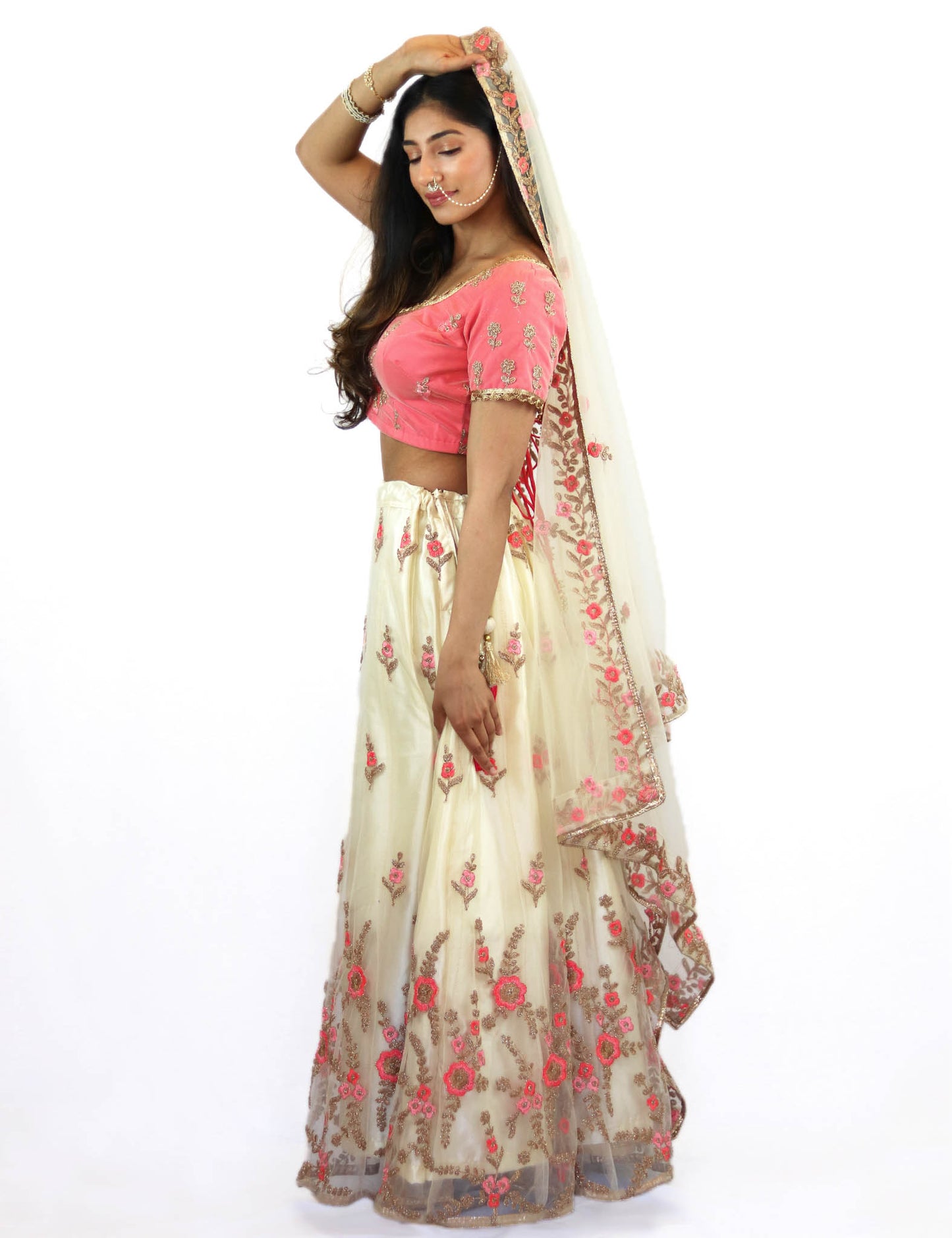 Rent Peach Blouse With Off White Lehenga & Dupatta